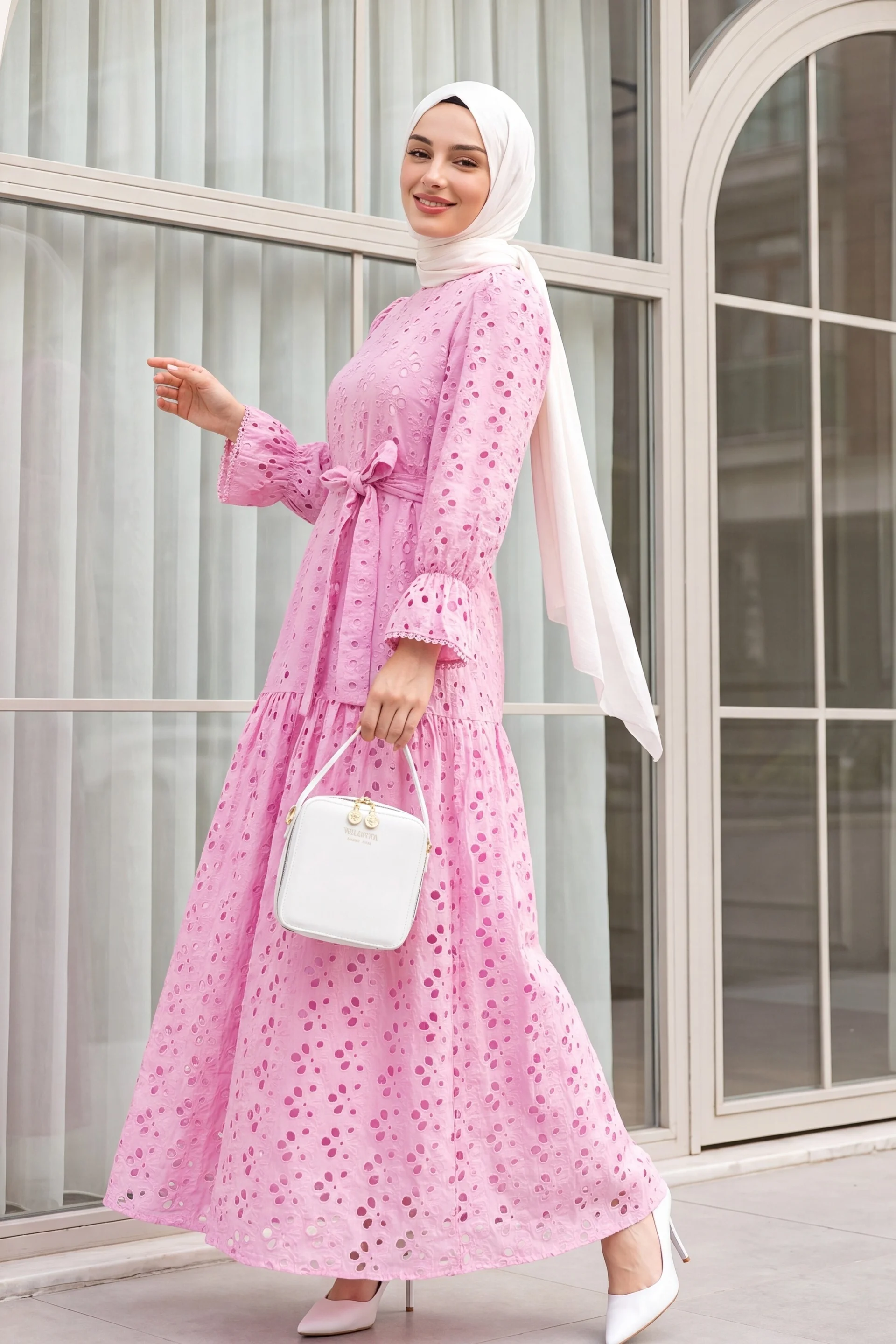 Pink Floral Eyelet Long Linen Look Dress with Round Neck and Ruffled Cuffs - Podyumplus - by Peralane - photo 4