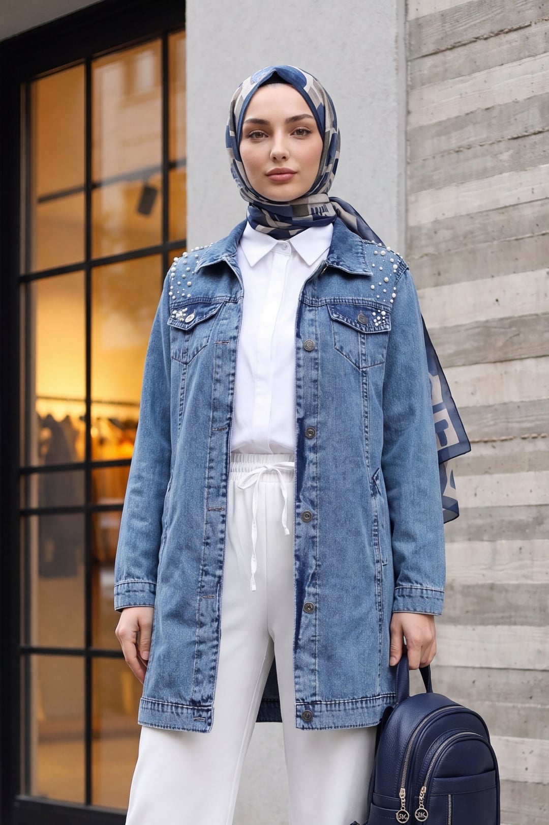 Stone Embellished Washed Denim Jacket - Blue - Podyumplus - by Peralane - photo 3