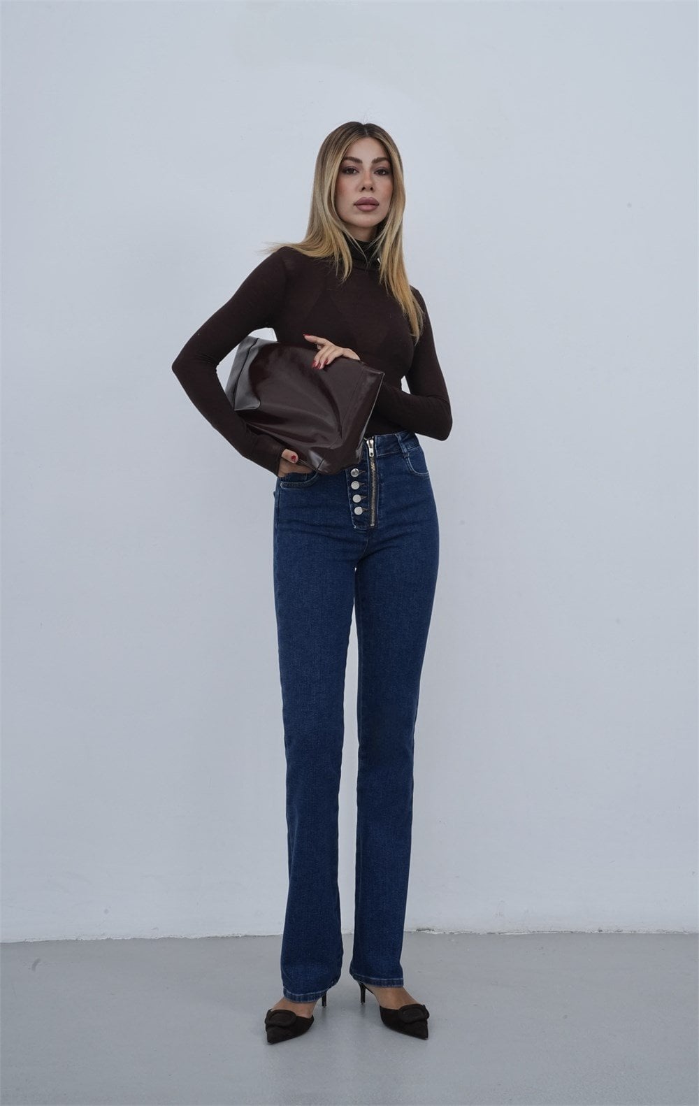High Waist Button Detail Zip Fly Straight Leg Dark Blue Denim Jeans - Lacarino Jeans - by Peralane - photo 4