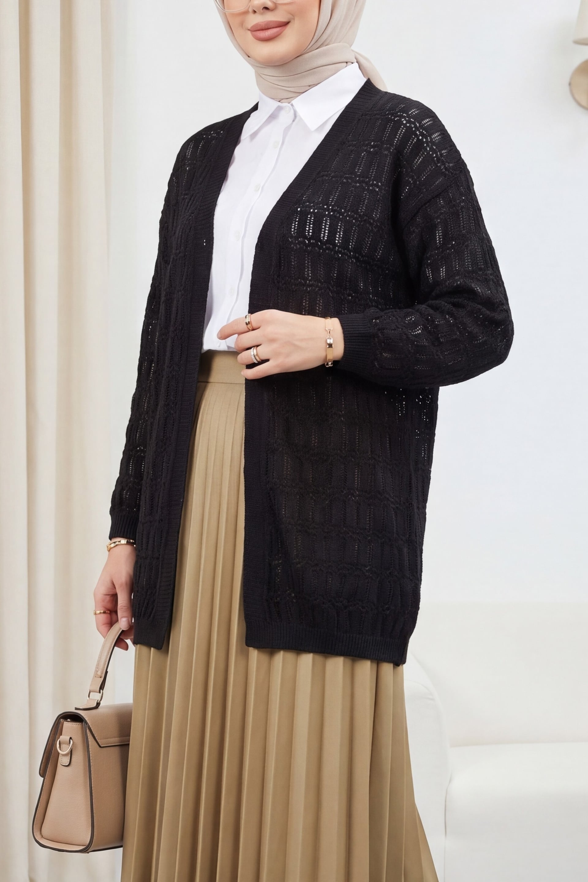 Black Openwork Knit Cardigan - Podyumplus - by Peralane