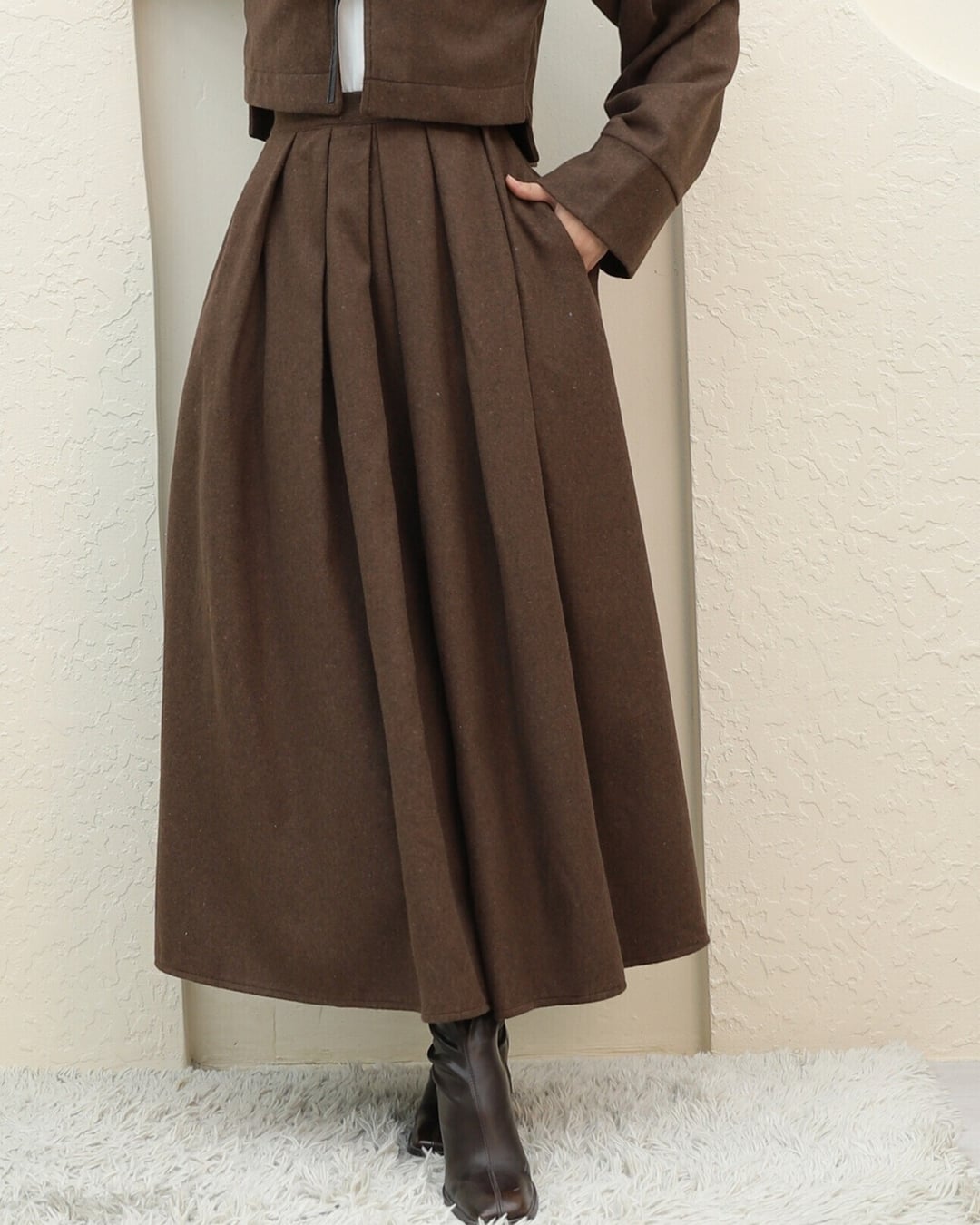 Pleated Wool Blend Skirt with Back Zipper - Brown - Podyumplus - by Peralane - photo 4