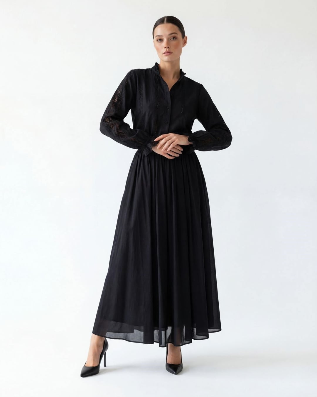 Black Long-Sleeved Ruffle-Neck Dress with Lace Detailing - Fame - by Peralane