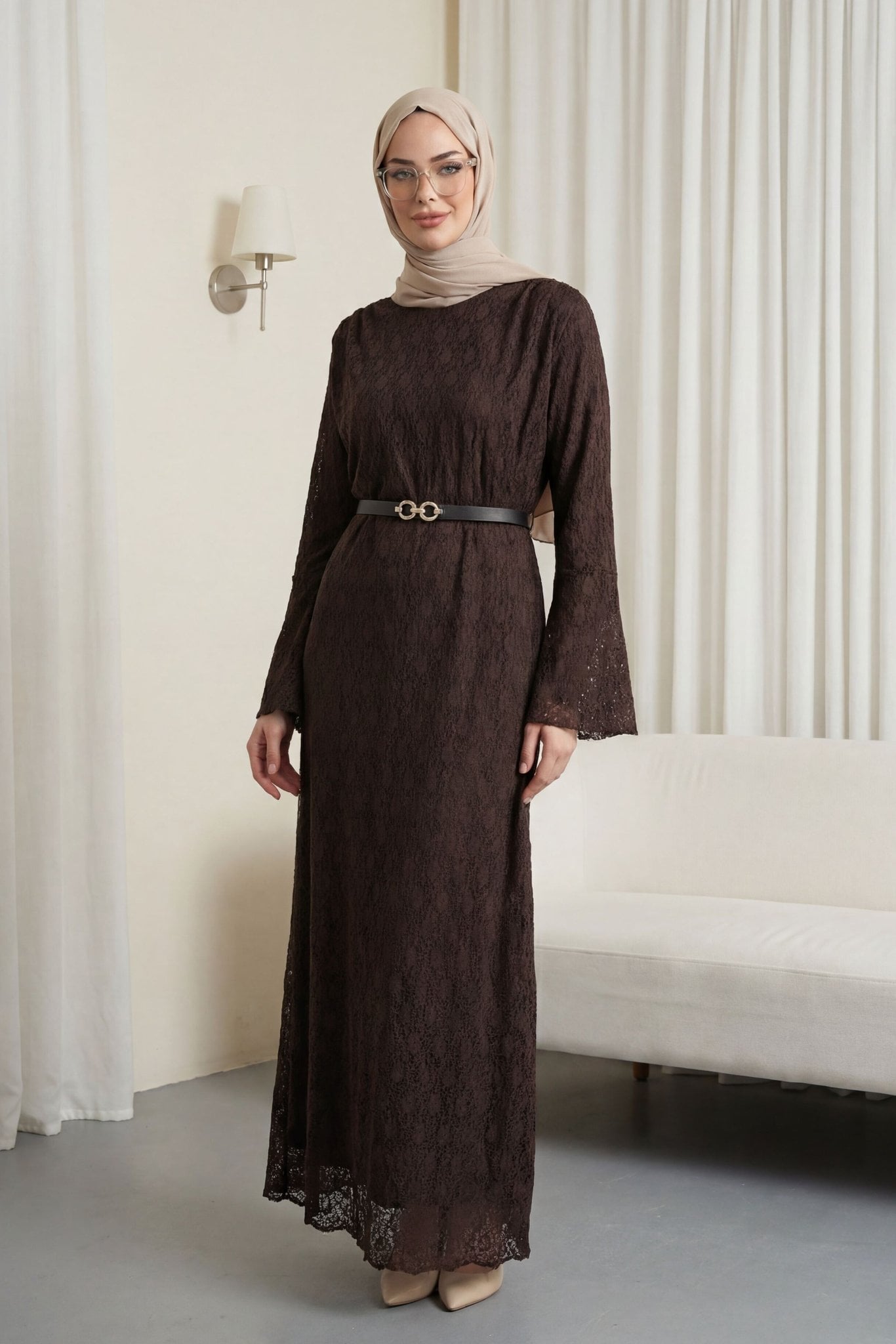 Round Neck Belted Lined Lace Dress - Dark Brown - Podyumplus - by Peralane - photo 3