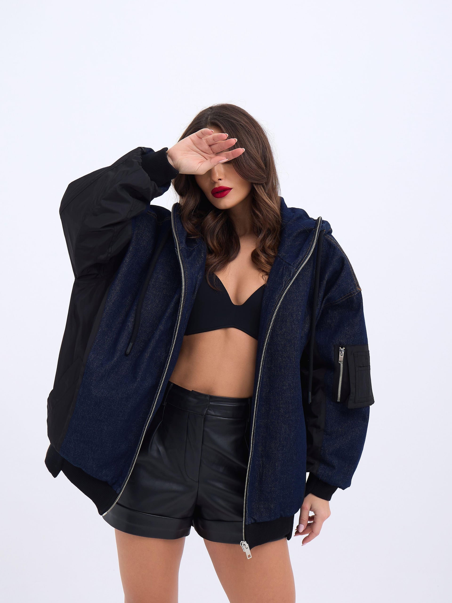 Women's Dark Blue Denim Jacket with Black Panels and Hood - Fame - by Peralane - photo 4