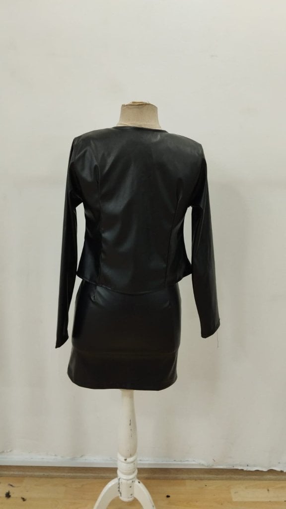 Women's Long Sleeve Faux Leather Open-Front Jacket and Round Neck Strap Mini Dress Set - Janes - by Peralane - photo 5