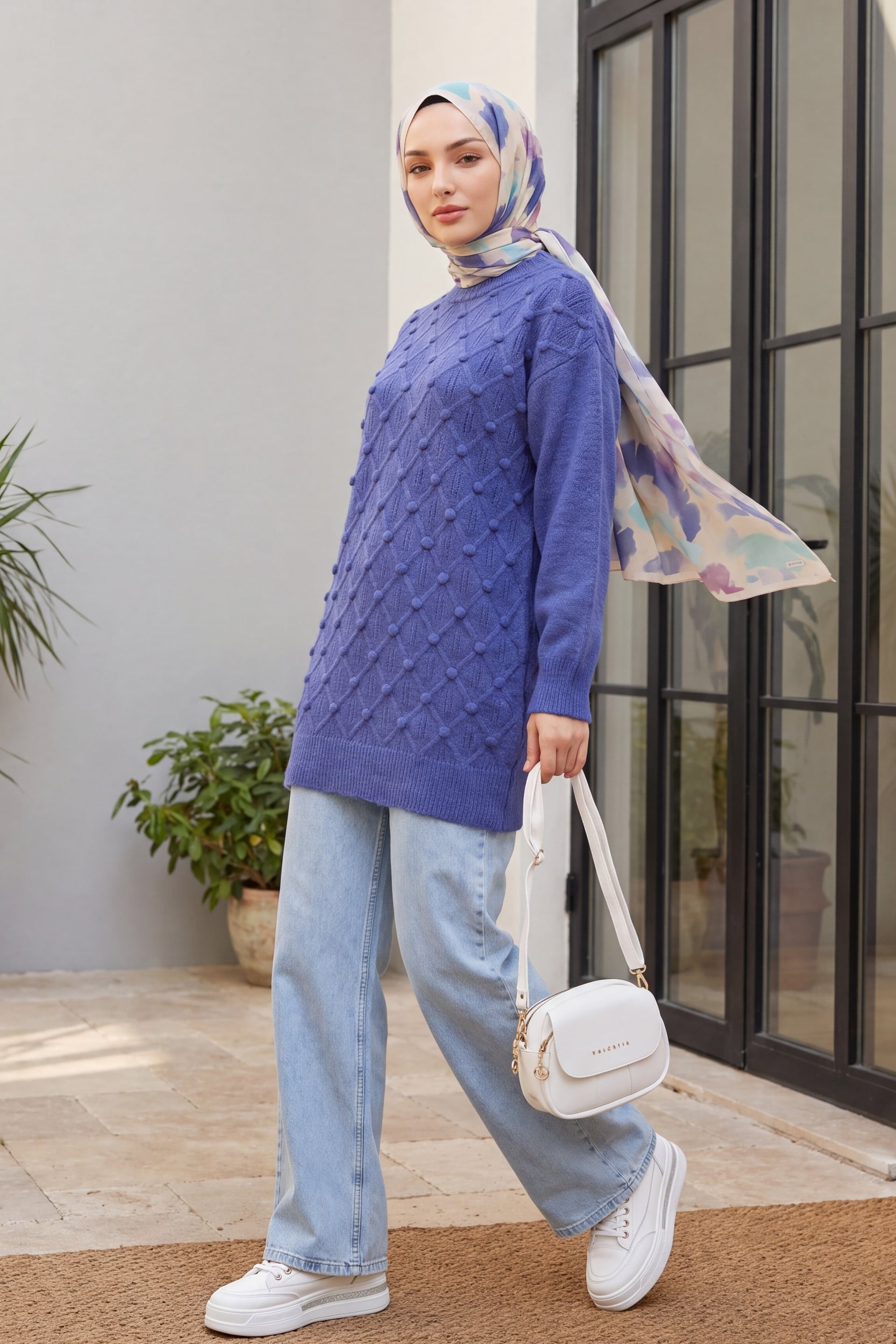 Crew Neck, Front Pom-pom Detail, Plaid, Relaxed Fit Knit Tunic - Indigo - Podyumplus - by Peralane - photo 3