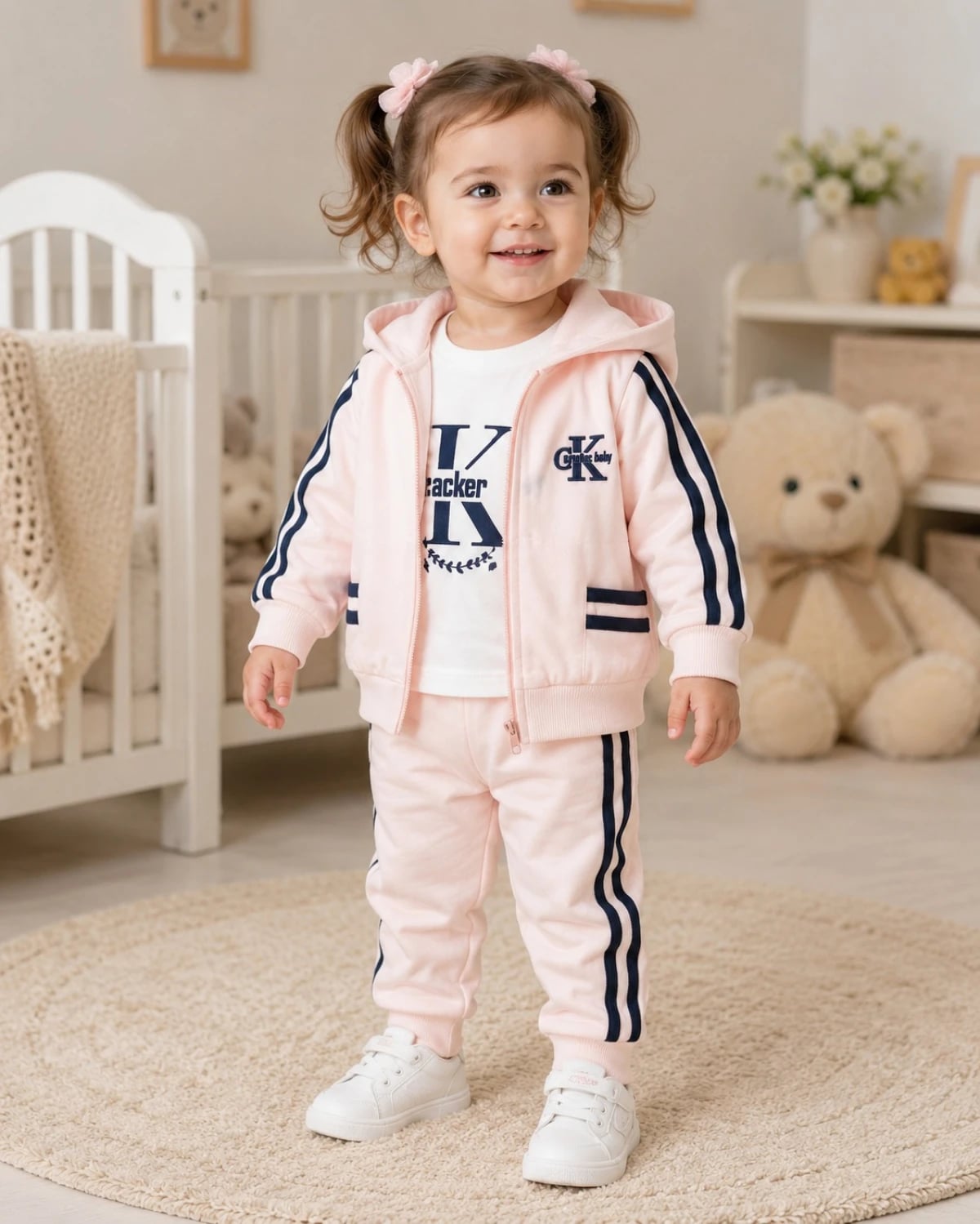 Baby Girls' 3-Piece Knit Set - Powder Pink with Navy Stripes - Has Bereket - by Peralane