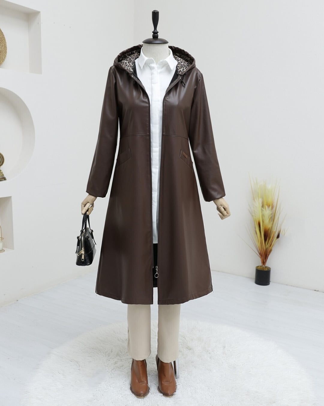 Brown Faux Leather Hooded Zip Coat with Leopard Print Lining - Podyumplus - by Peralane - photo 2