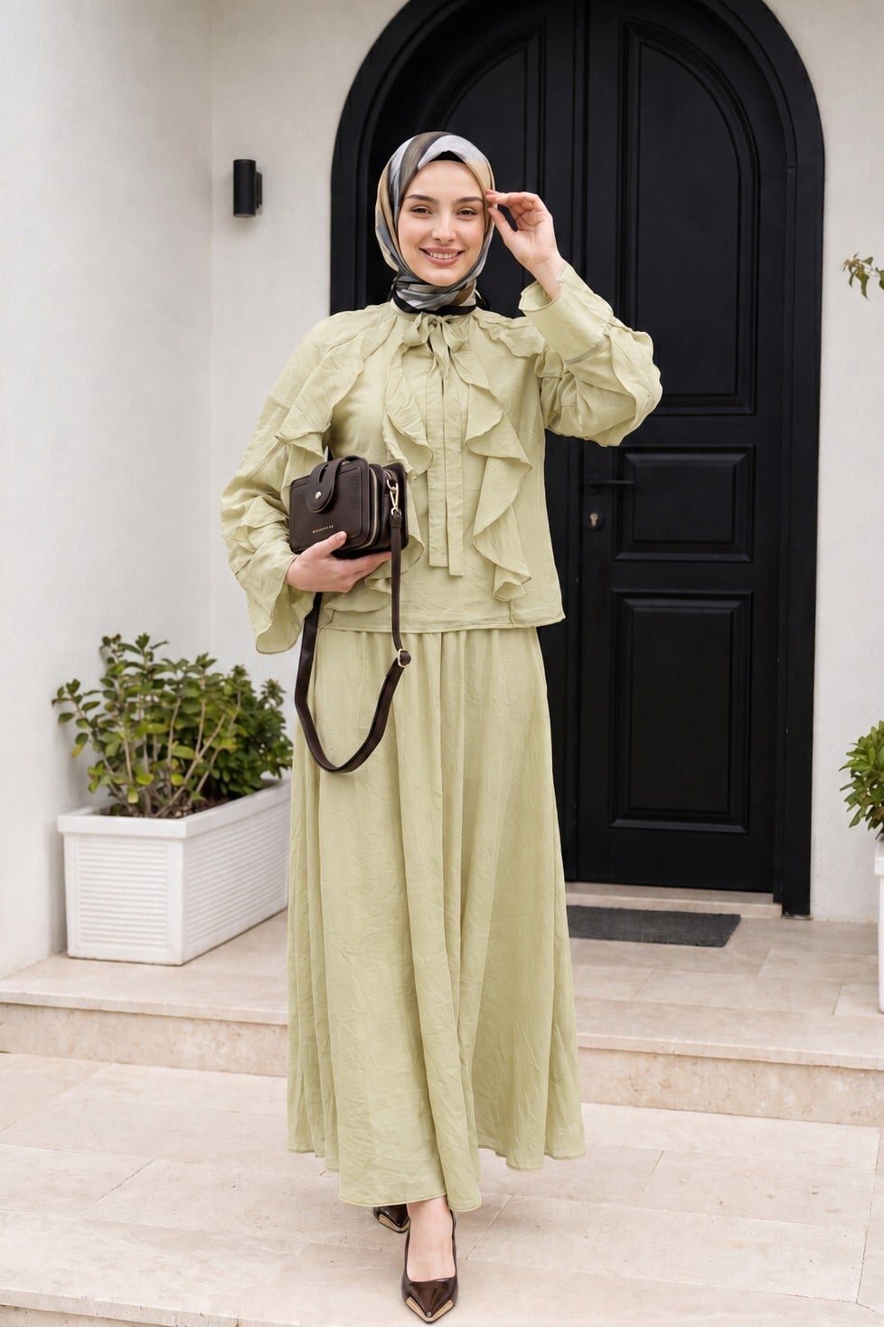 Tie-Neck Frill Front Lined Tulle Modal Two-Piece Set - Olive Green - Podyumplus - by Peralane - photo 4