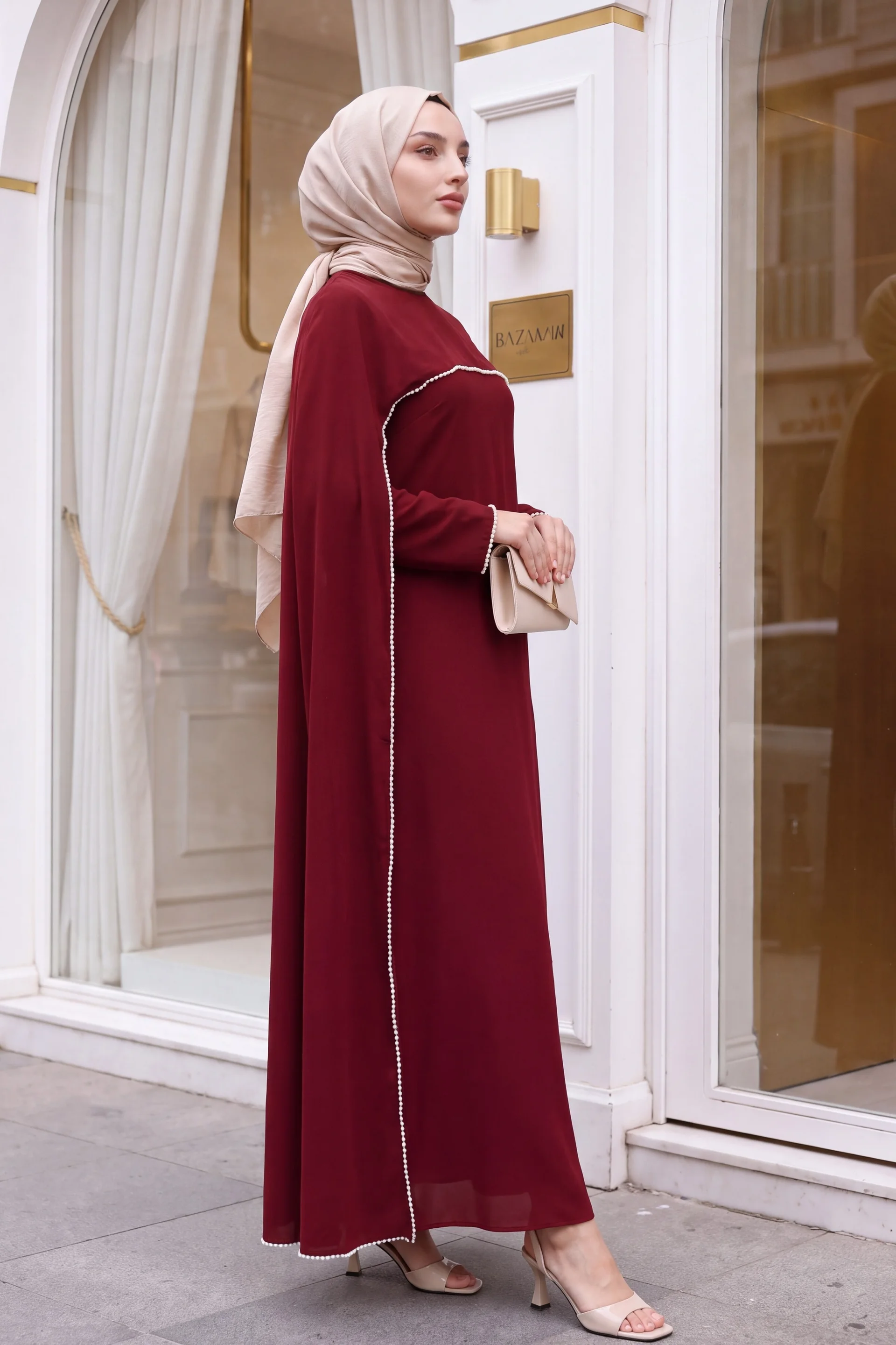 Burgundy Abaya Dress with Pearl Details and Detachable Cape - Podyumplus - by Peralane - photo 3