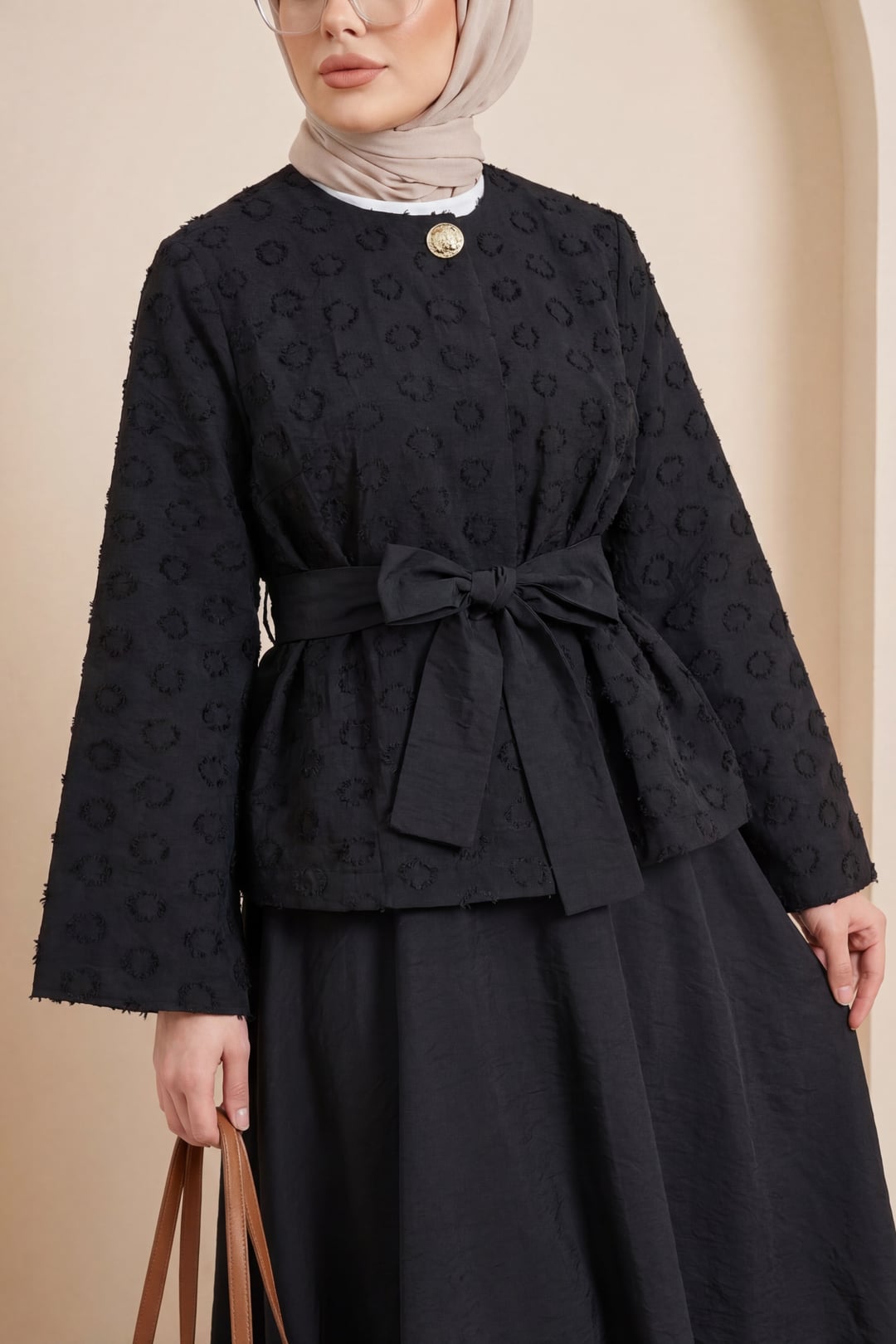 Black One-Button Belted Flared Skirt Two-Piece Set - Podyumplus - by Peralane - photo 2