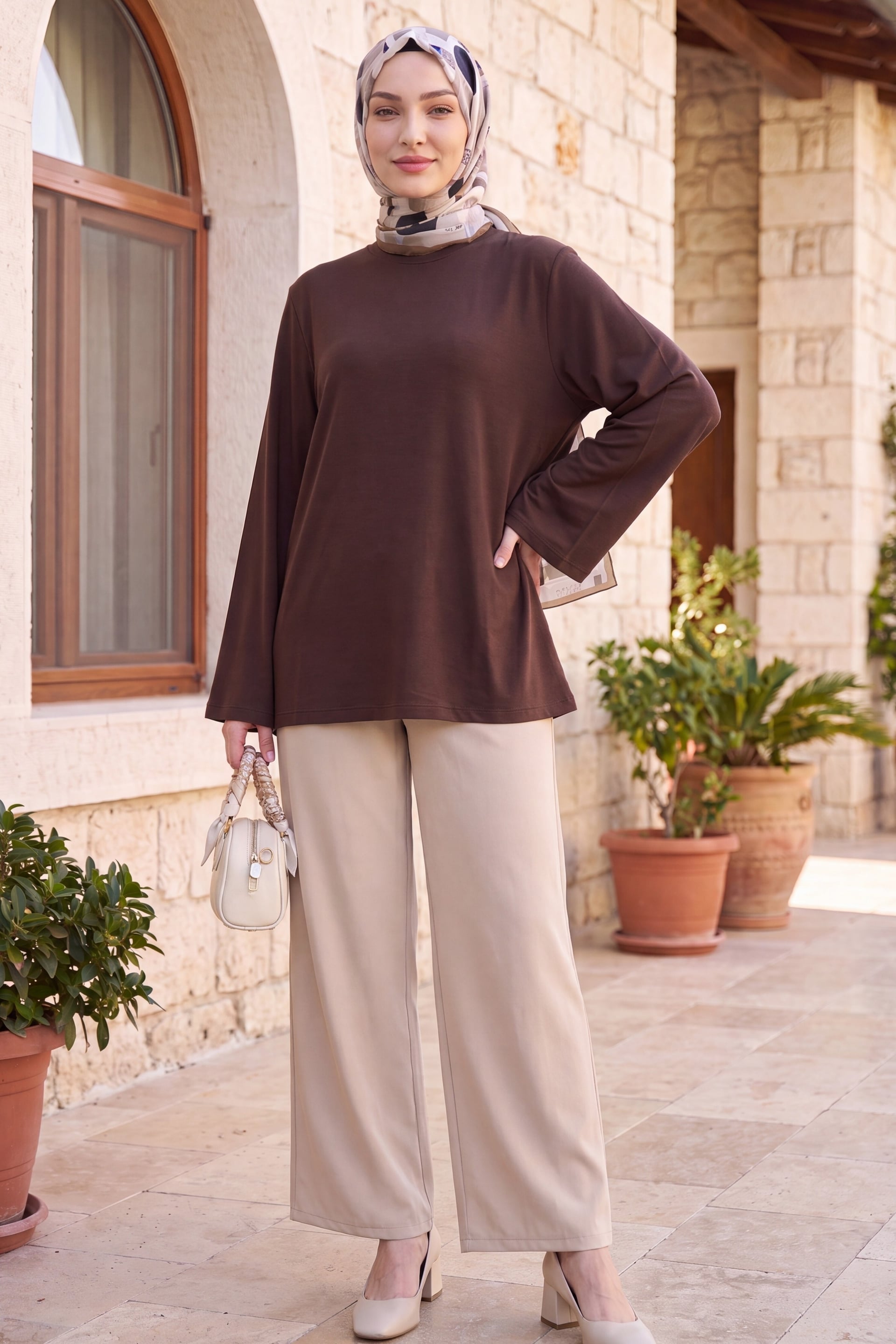 Dark Brown Crew Neck Spanish Sleeve Padded Shoulder Lining Blouse - Podyumplus - by Peralane - photo 5