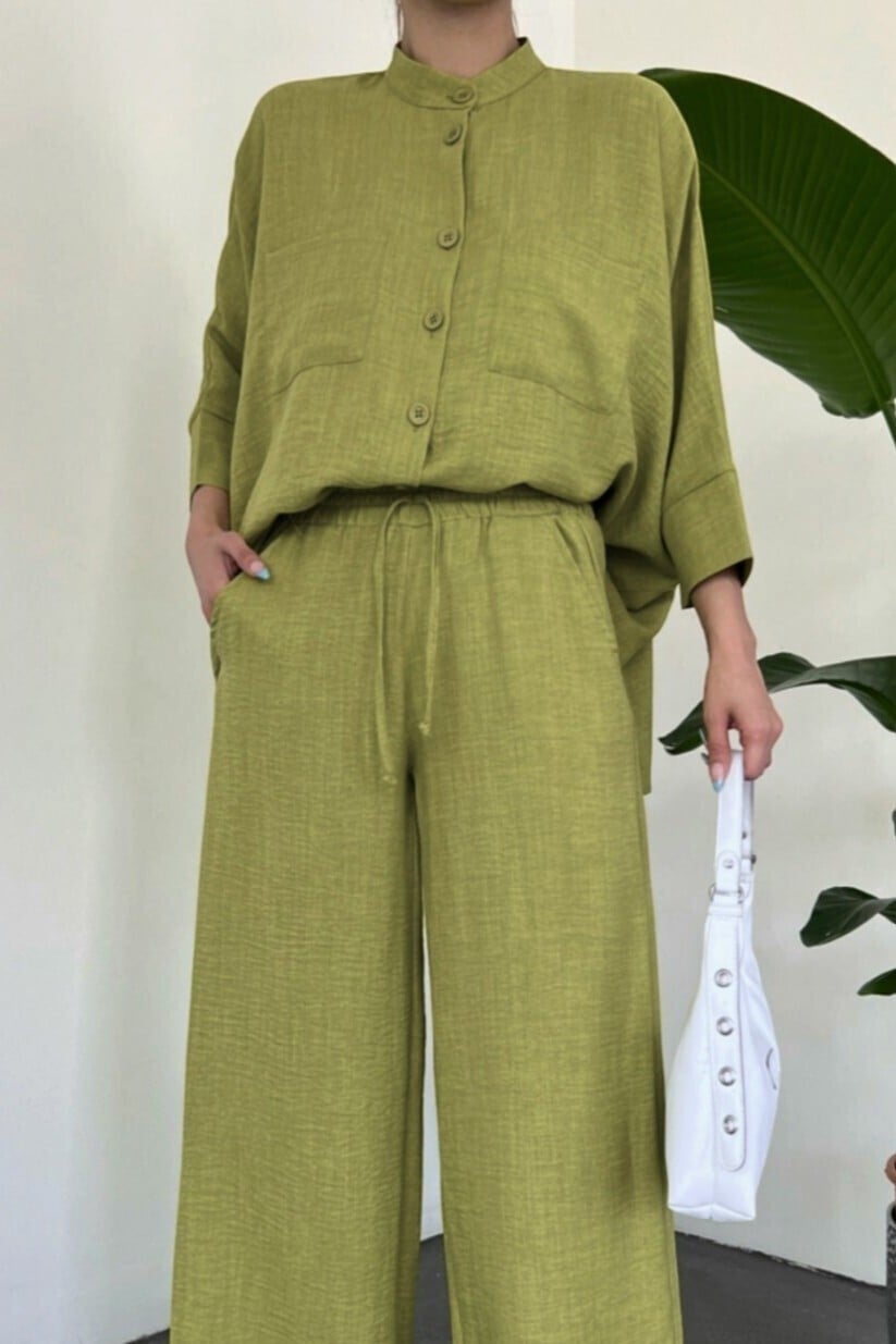 Women's Two-Piece Linen-Look Set with Long-Sleeve Shirt and Wide-Leg Trousers - Pistachio Green - Podyumplus - by Peralane - photo 5