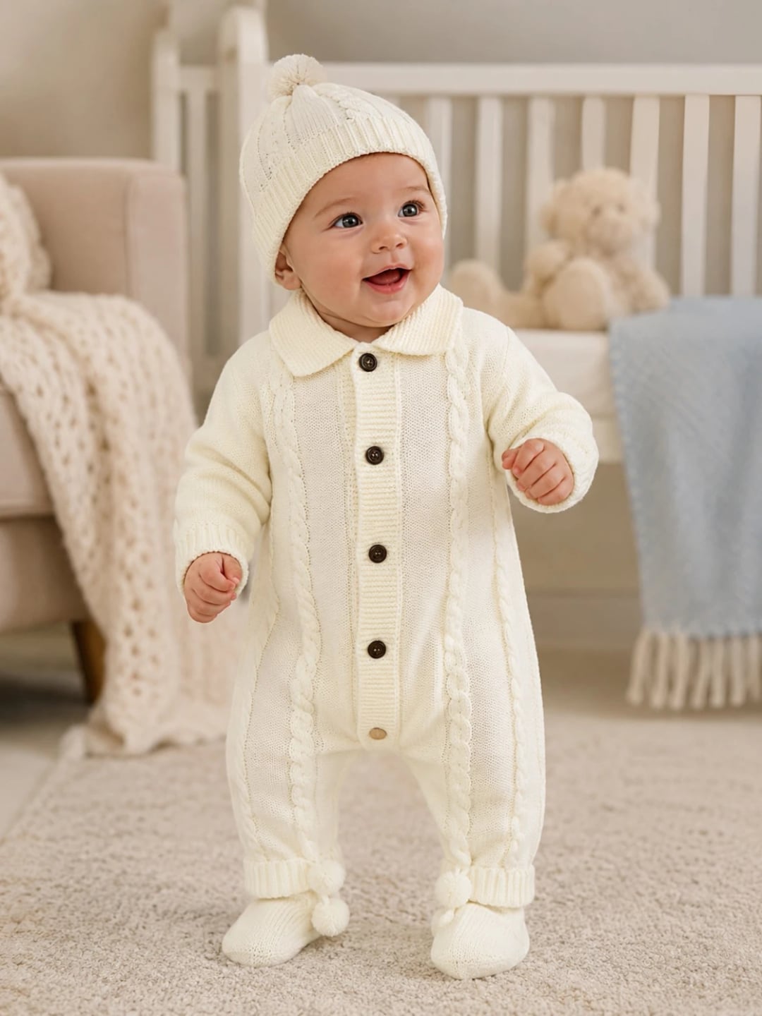 Knitted Baby Romper and Hat Set - Ecru - Has Bereket - by Peralane