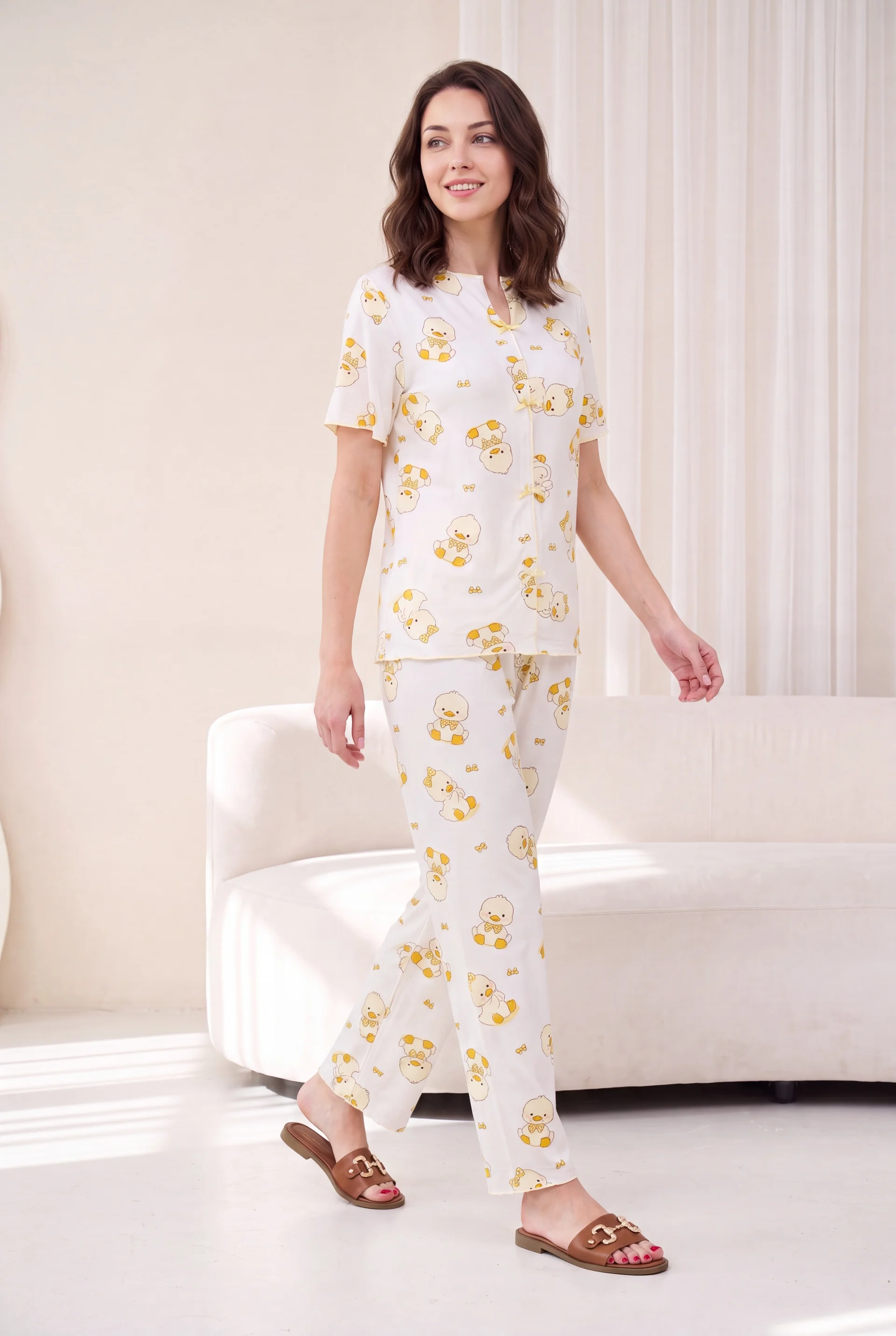 Mixed Print V-Neck Front Bow Short-Sleeve Jersey Pyjama Set - Ecru - Podyumplus - by Peralane - photo 3