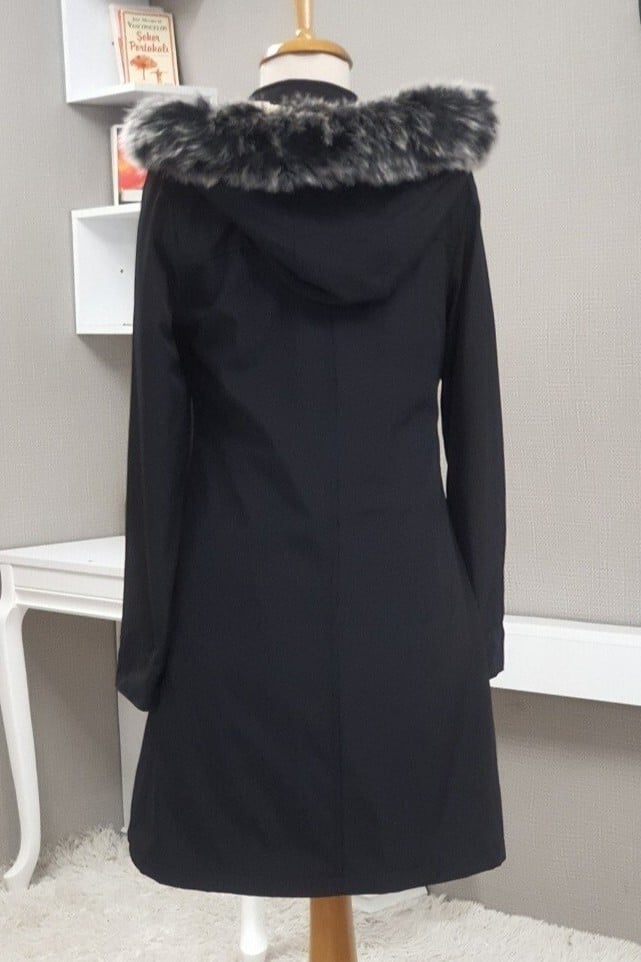 Women's Snap-Front Hooded Short Coat with Pockets - Black - Podyumplus - by Peralane - photo 3