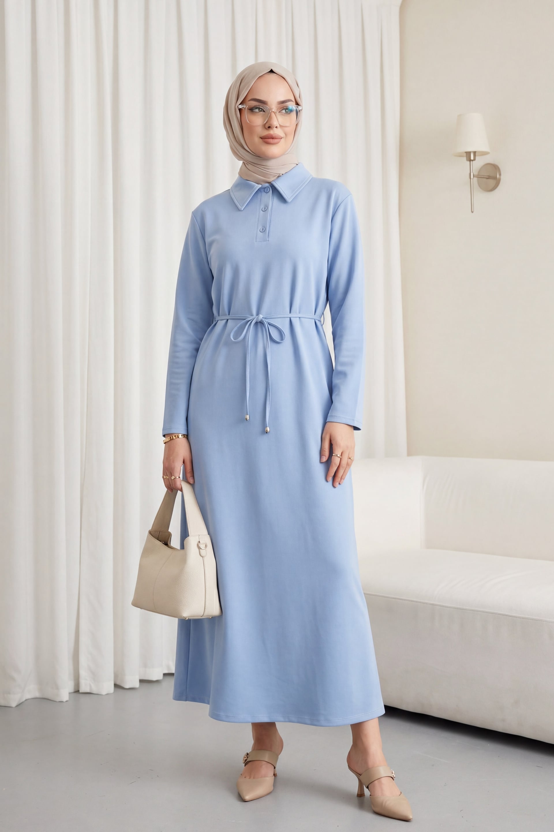 Collar Button Tie Waist Knit Dress - Light Blue - Podyumplus - by Peralane - photo 2