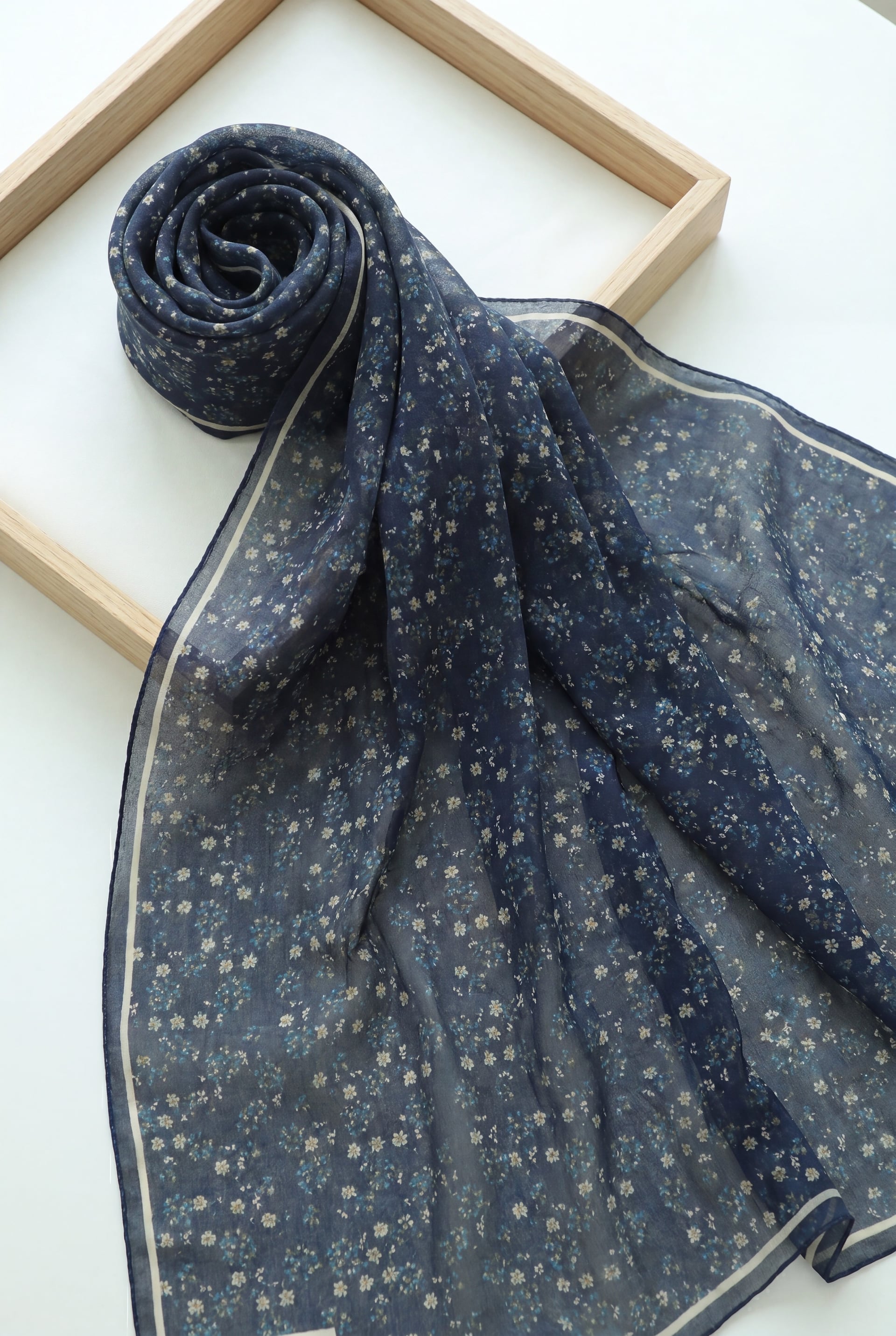 Navy Blue Sheer Voile Scarf with Floral Print - Podyumplus - by Peralane
