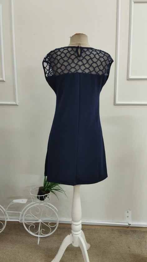 Women's Navy Blue Short Sleeve Round Neck Tulle Detail Crepe Dress - Janes - by Peralane - photo 7