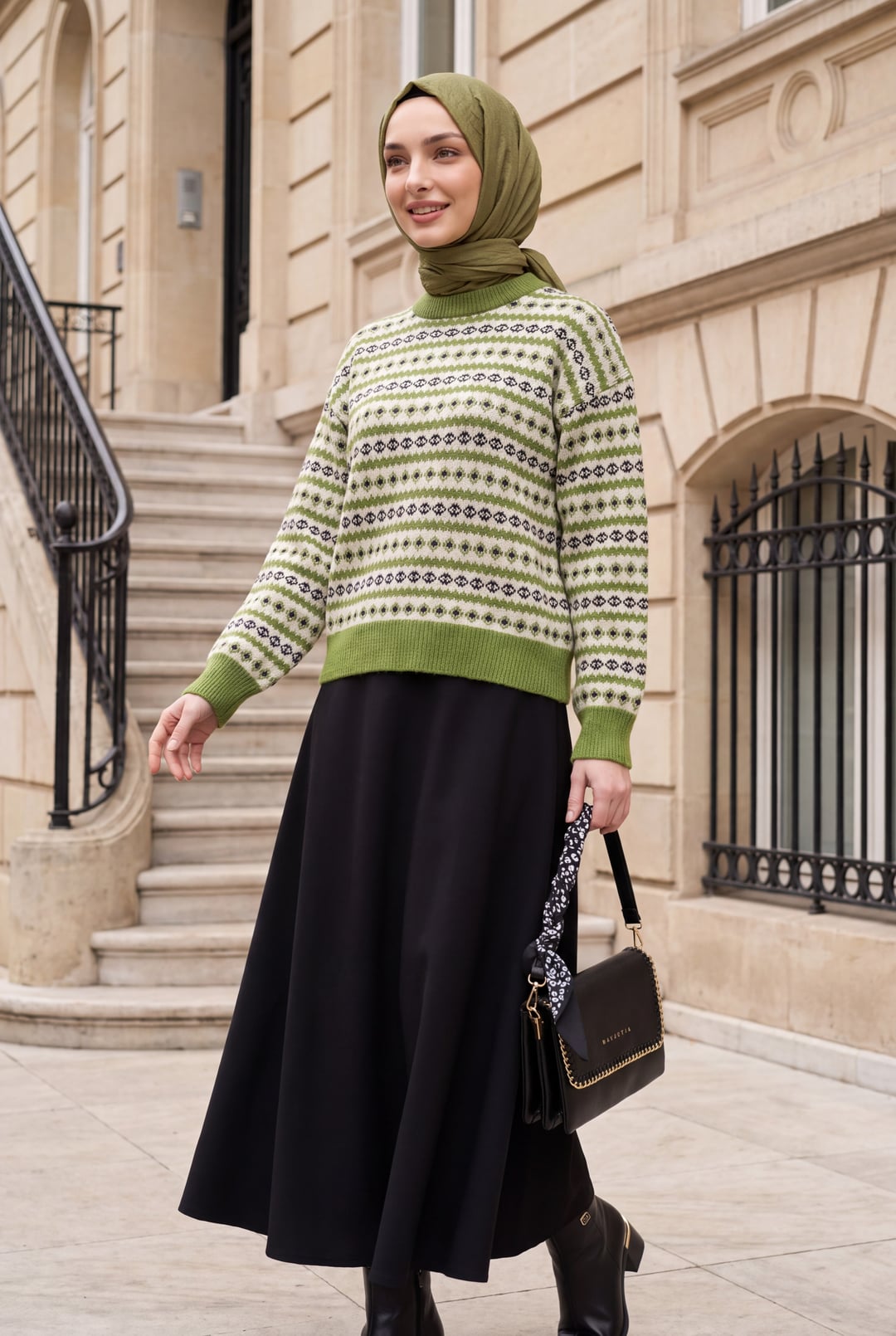 Crew Neck Patterned Jacquard Knit Sweater - Pistachio Green - Podyumplus - by Peralane - photo 5