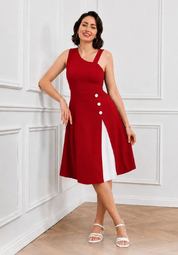 Women's Red Sleeveless Asymmetric Midi Dress with White Panel and Buttons - Janes - by Peralane
