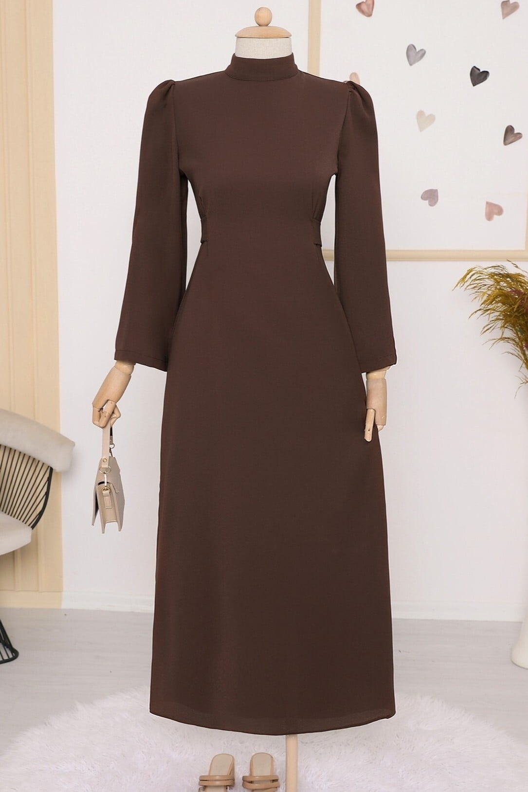 Mandarin Collar Belted Dress - Brown - Podyumplus - by Peralane - photo 6