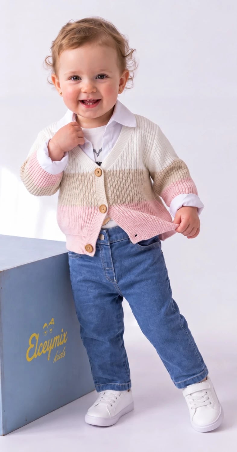 Baby Girl Knit Cardigan Set of 4 - Pink Stripes - Has Bereket - by Peralane