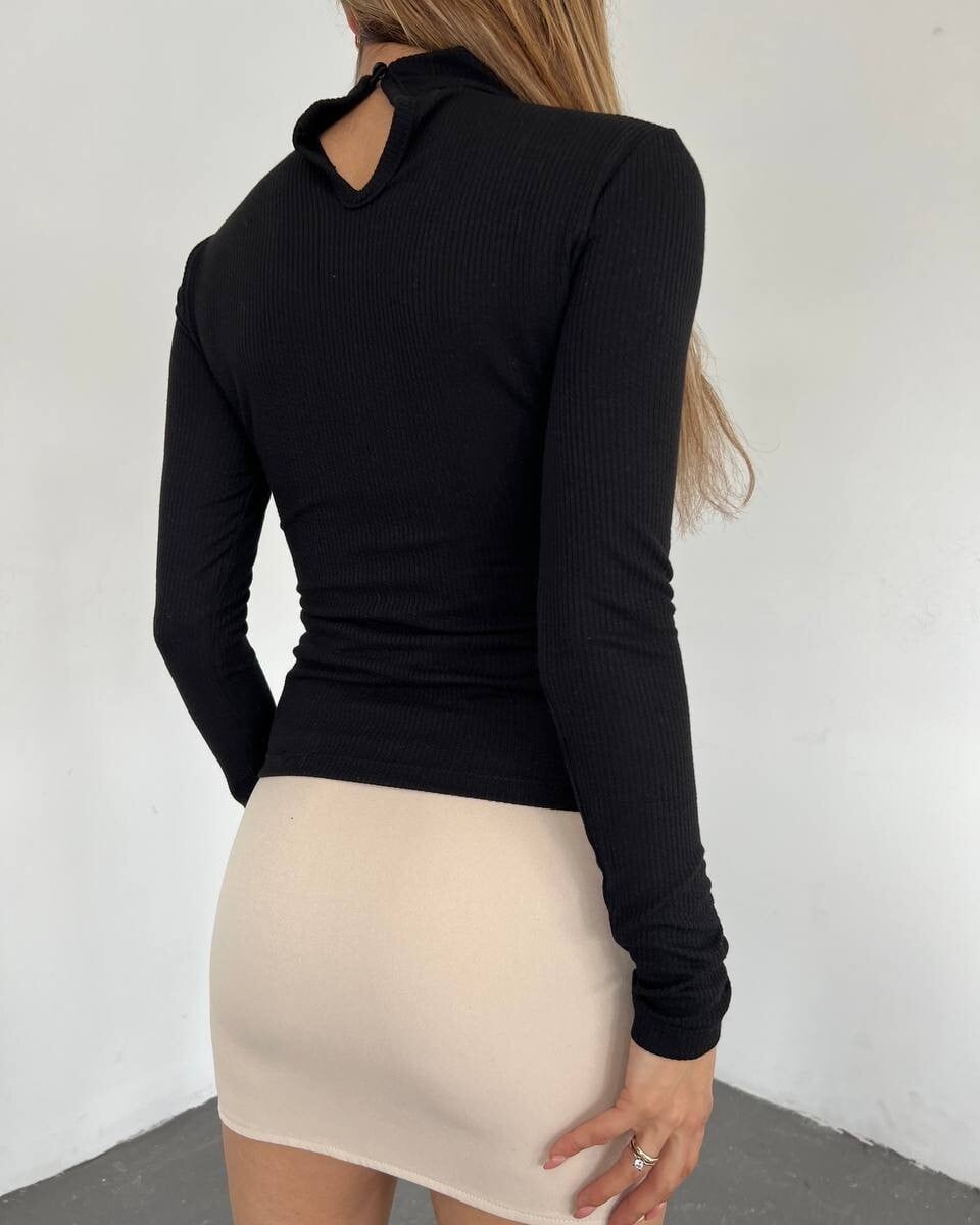 Black High Neck Rhinestone Trim Top with Back Buttons - Podyumplus - by Peralane - photo 2