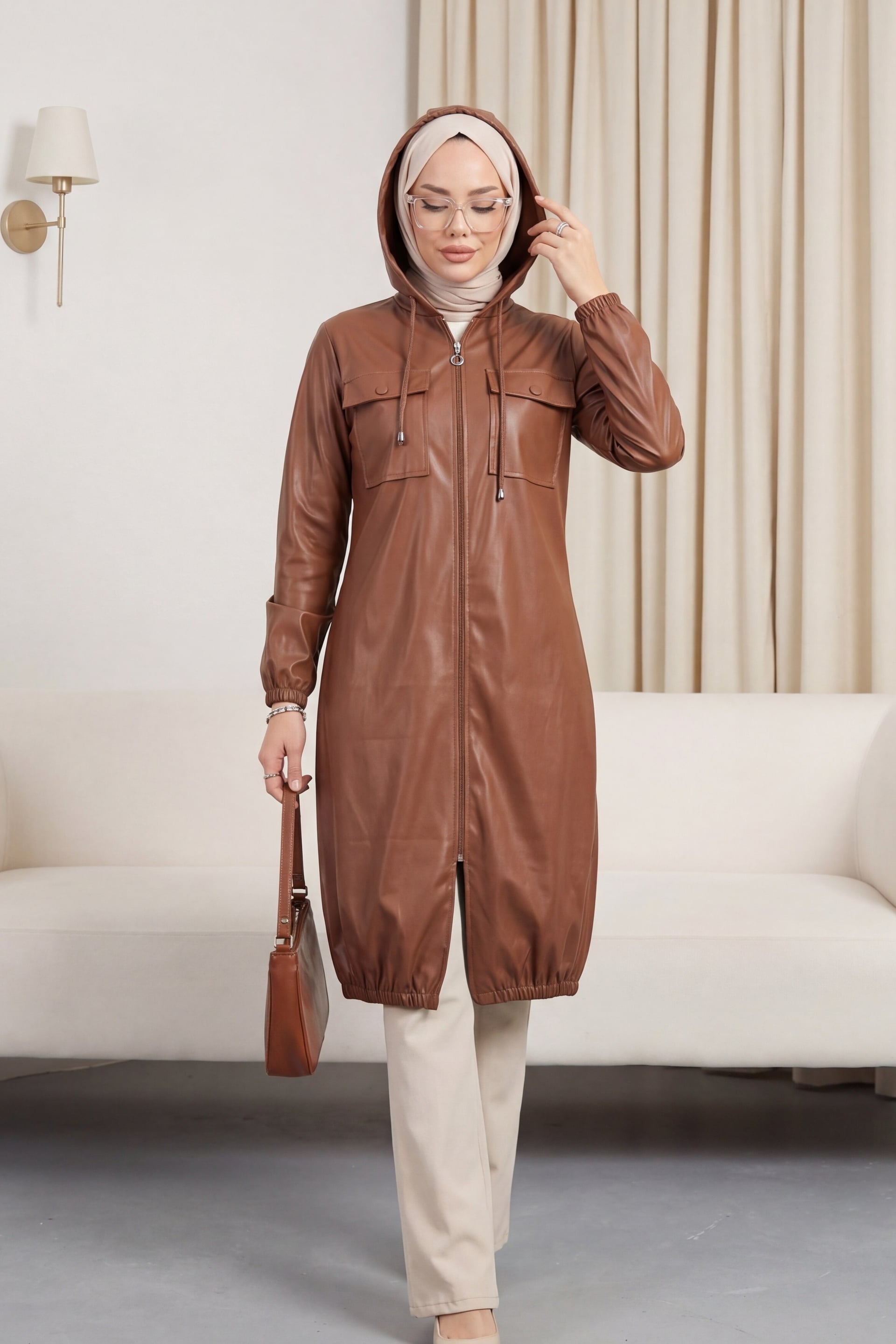 Long Hooded Faux Leather Jacket with Flap Pockets - Tan - Podyumplus - by Peralane - photo 2
