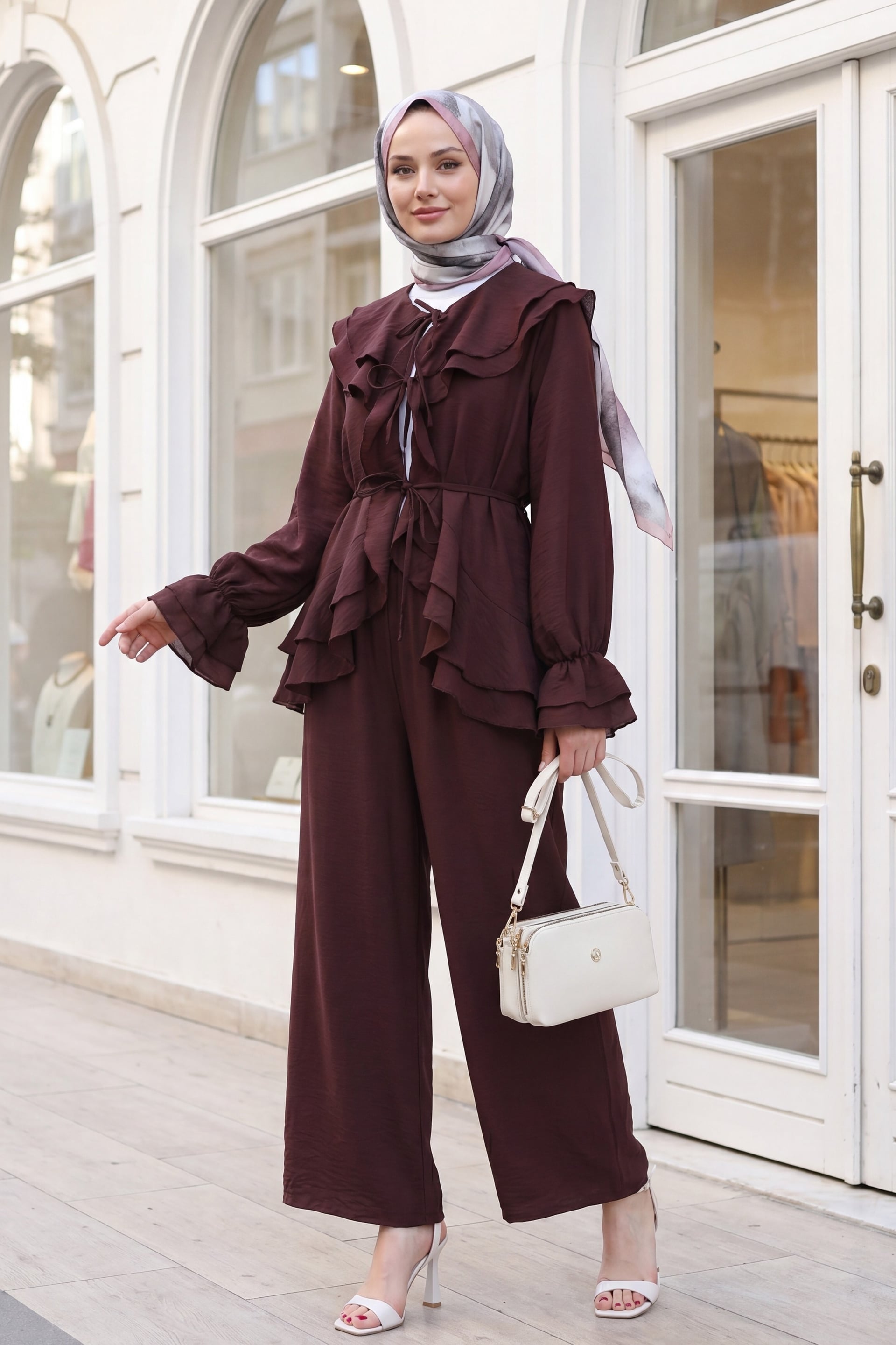 Lace-Up Front Pleated Collar Two-Piece Set with Lined Wide-Leg Trousers in Plum - Podyumplus - by Peralane