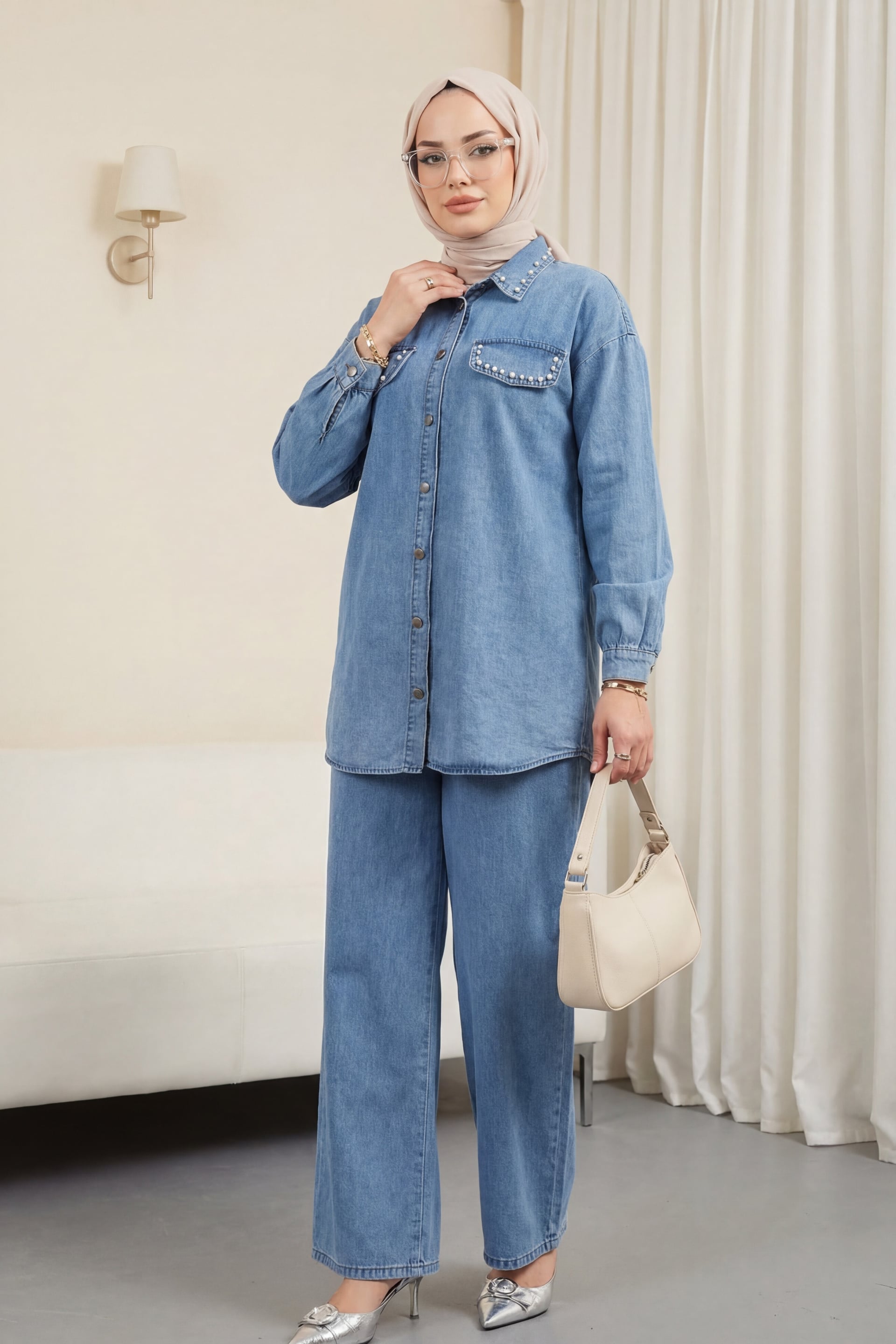 Buttoned Pocket Detail Wide-Leg Trousers Denim Co-ord Set - Blue - Podyumplus - by Peralane