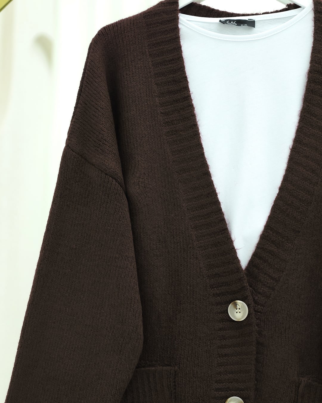 Button-Front Double-Pocket Relaxed Knit Cardigan - Dark Brown - Podyumplus - by Peralane - photo 6