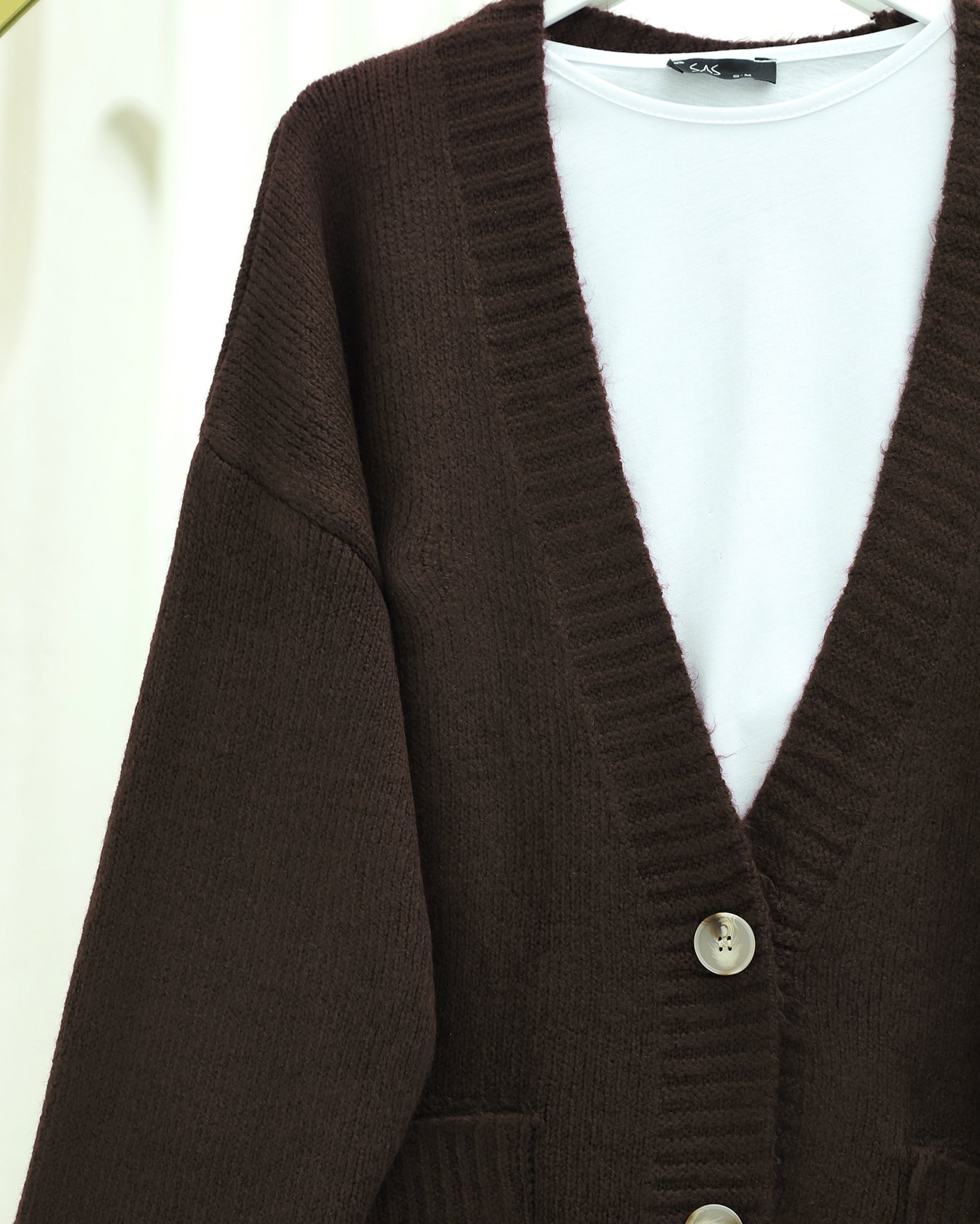 Button-Front Double-Pocket Relaxed Knit Cardigan - Dark Brown - Podyumplus - by Peralane - photo 6