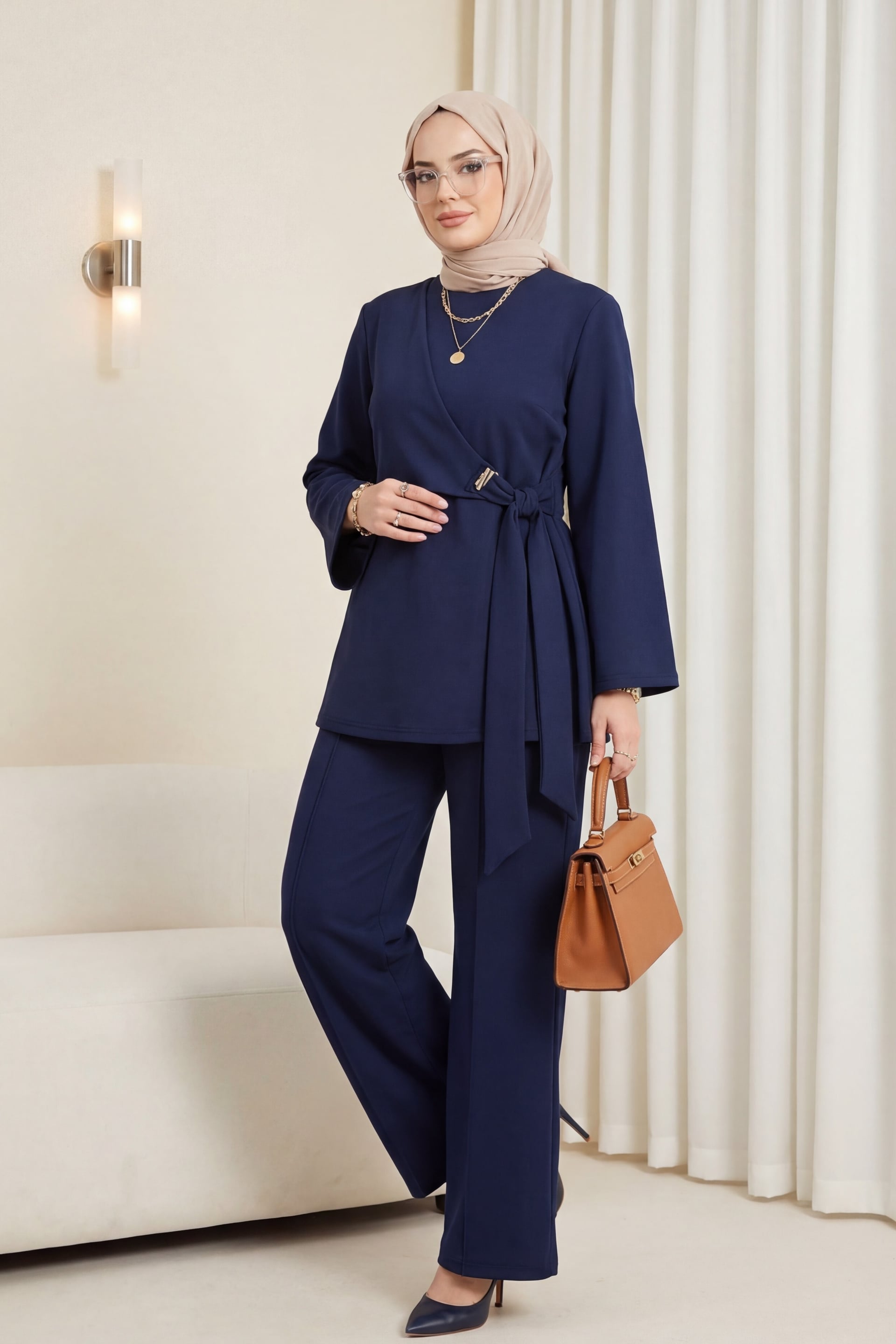 Navy Blue Wrap Front Scuba Two-Piece Set with Wide-Leg Trousers - Podyumplus - by Peralane