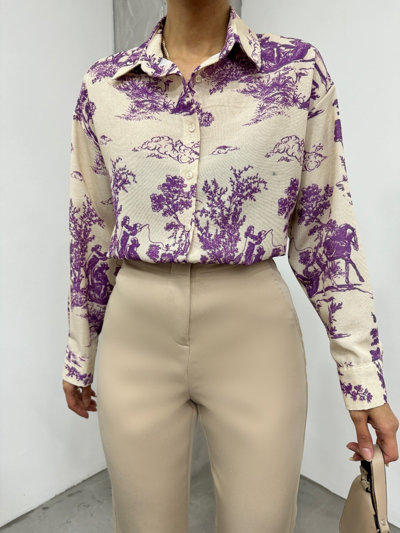 Tree Print Linen Look Shirt - Dark Purple - Podyumplus - by Peralane - photo 8