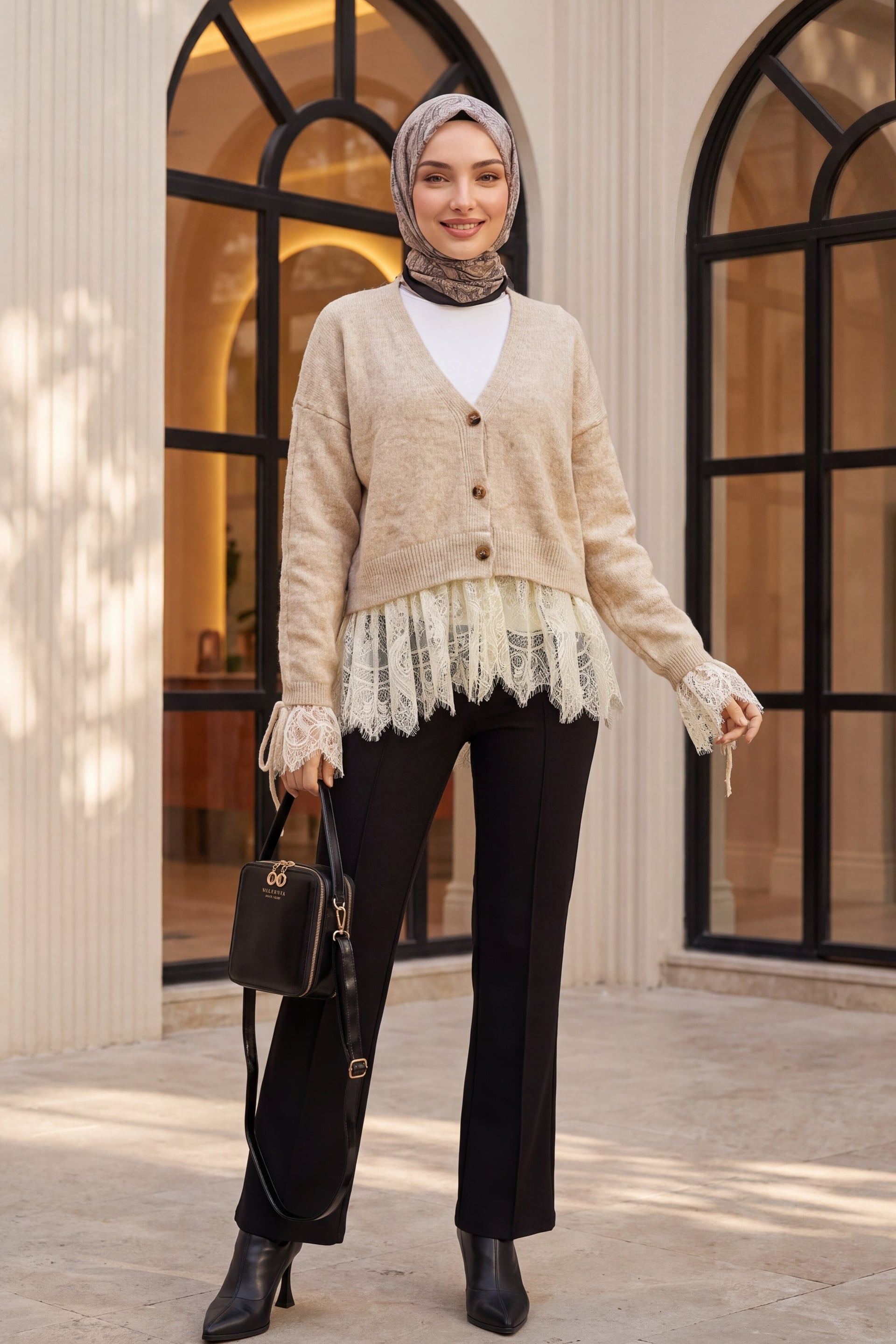 Beige Lace-Trim Button-Front Cardigan with Puff Sleeves - Podyumplus - by Peralane - photo 5