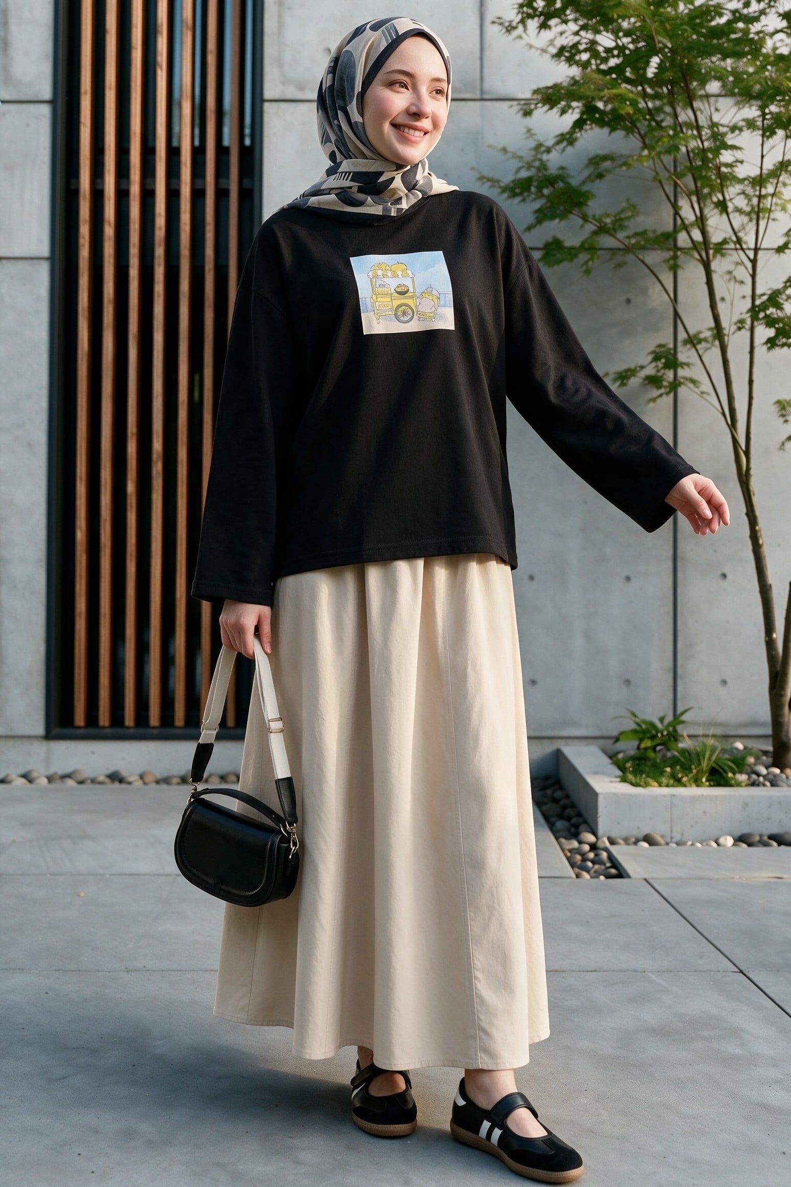 Black Crew Neck Printed Swing Sweatshirt - Podyumplus - by Peralane - photo 4