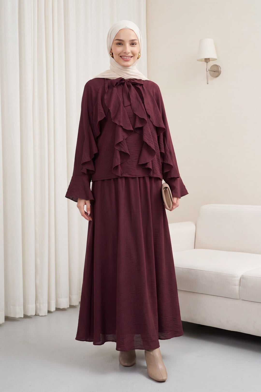Ruffle Tie Detail Lined Tulle Modal Two-Piece Set - Plum - Podyumplus - by Peralane - photo 4