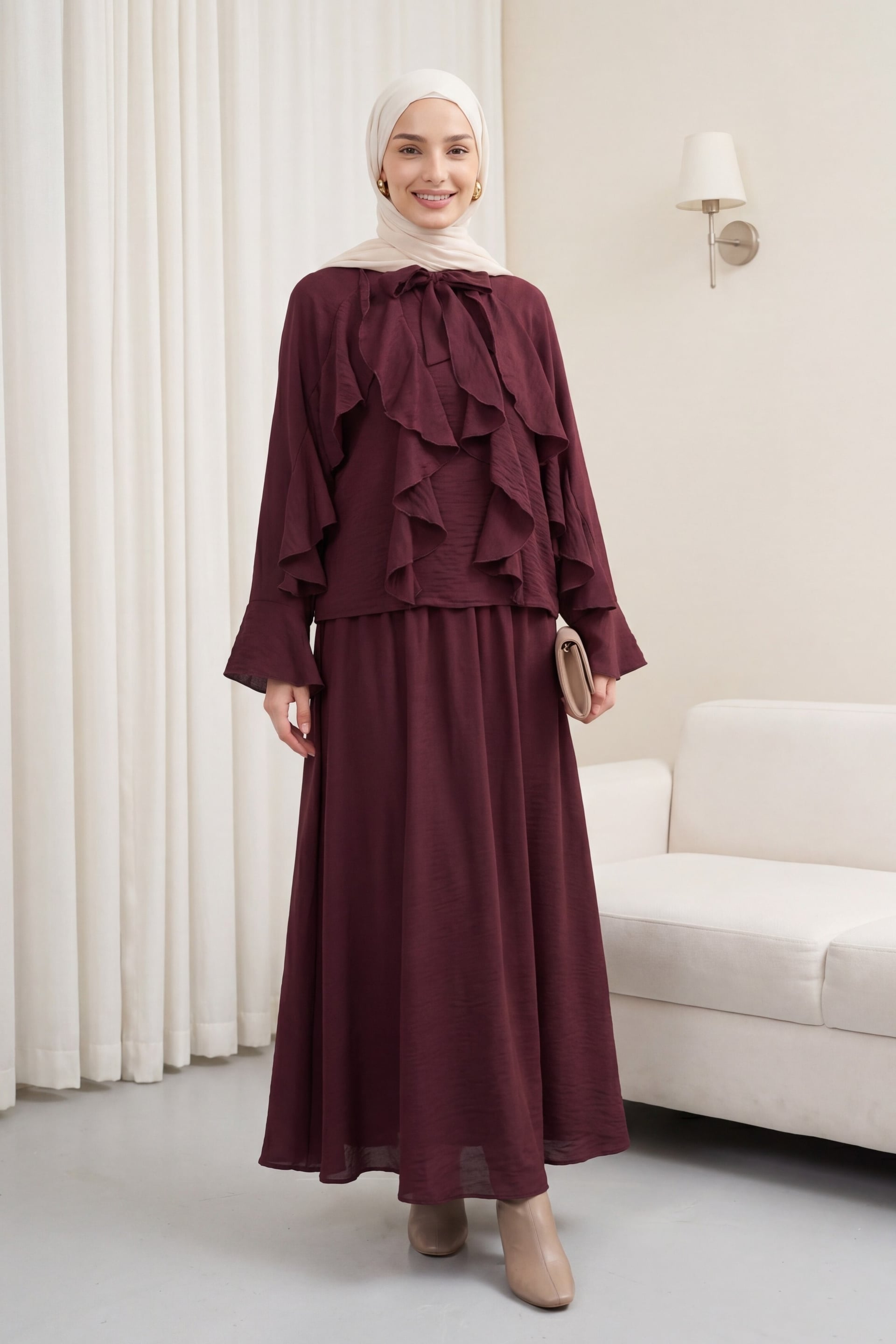 Ruffle Tie Detail Lined Tulle Modal Two-Piece Set - Plum - Podyumplus - by Peralane - photo 4
