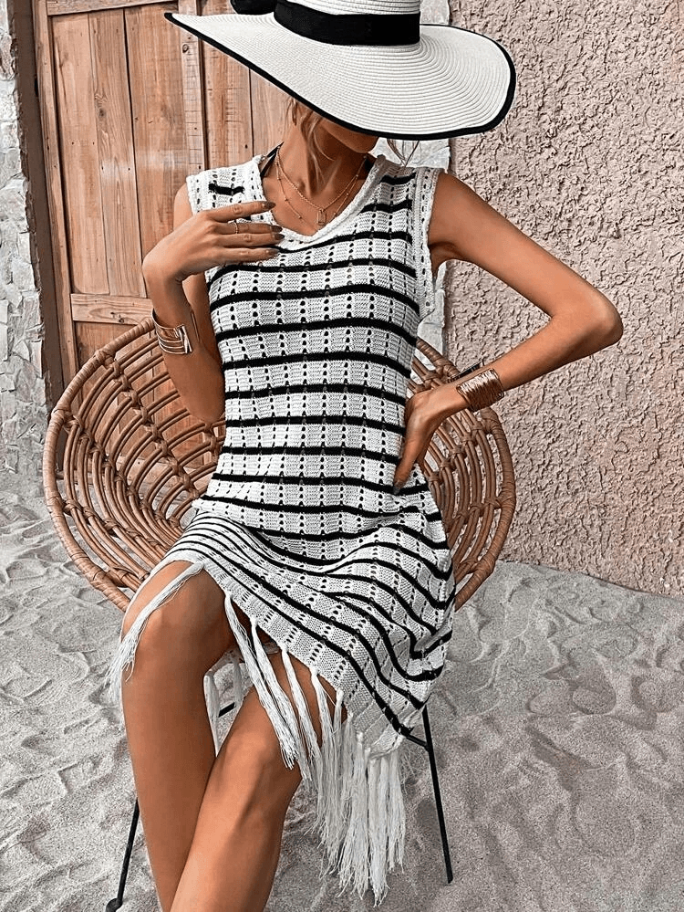 Women's Sleeveless Fringed Stripe Knit Midi Dress - Janes - by Peralane - photo 5