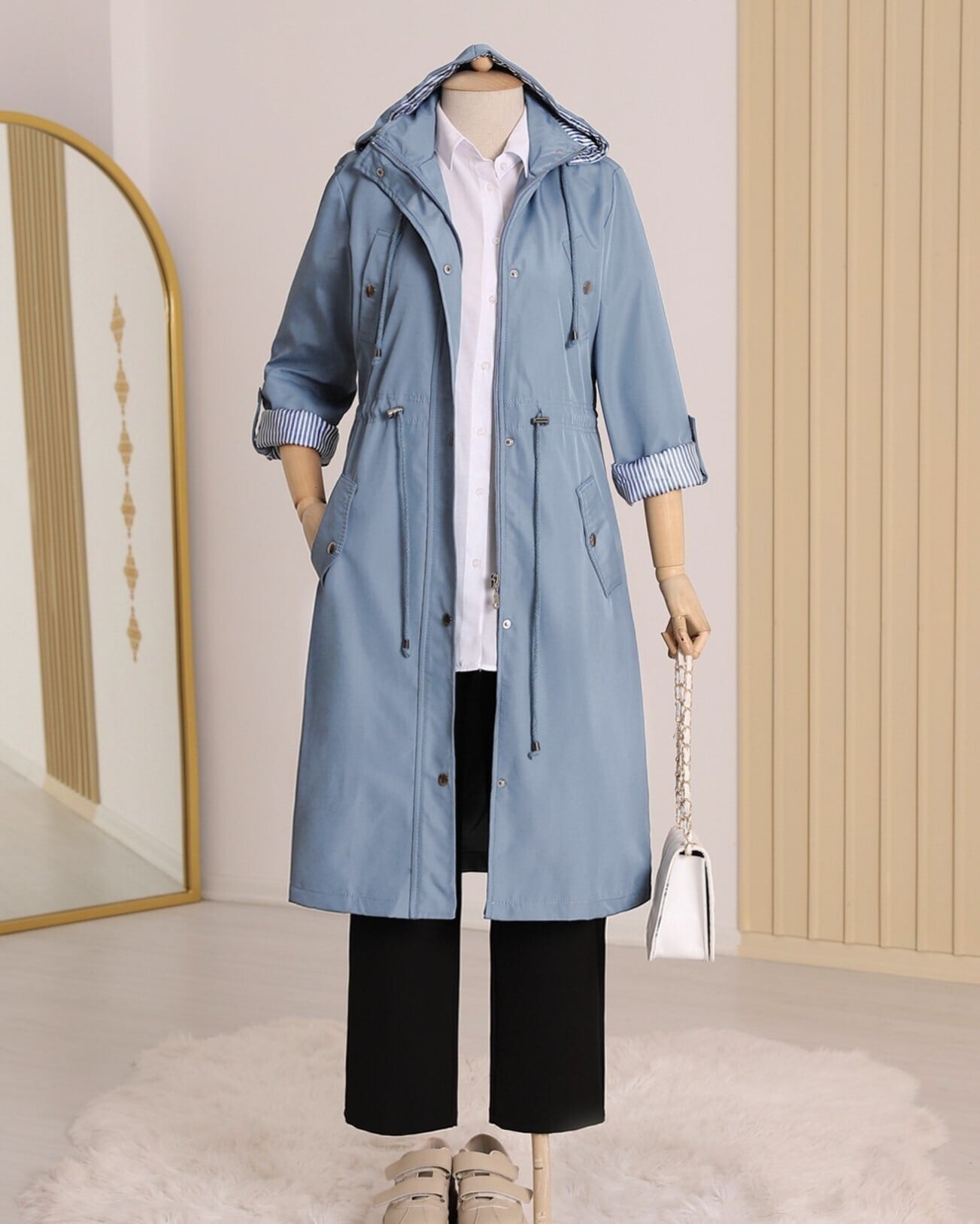 Striped Lined Trench Coat - Light Blue - Podyumplus - by Peralane - photo 6