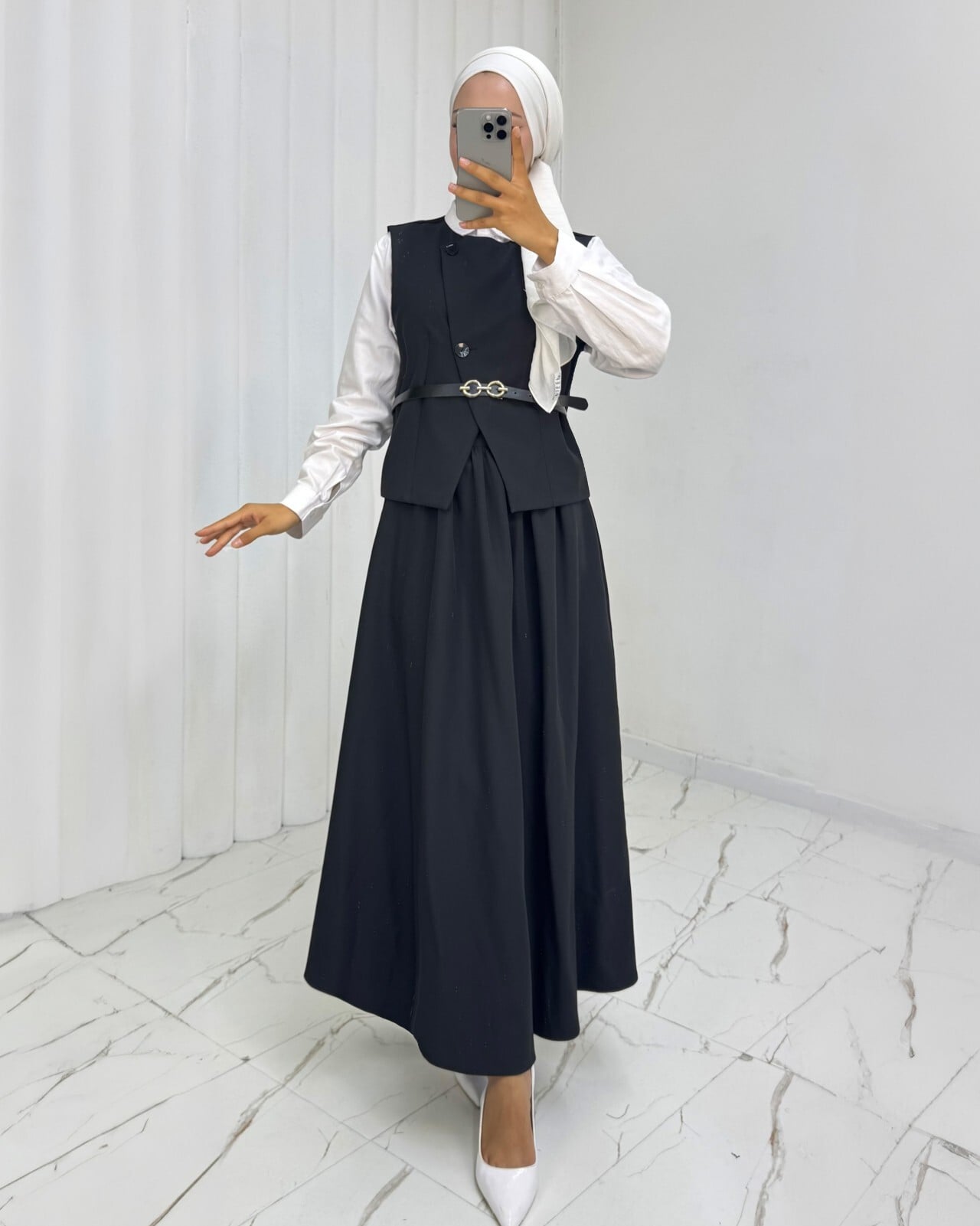 Cross Button Belted Vest and Skirt Set - Black - Podyumplus - by Peralane - photo 3