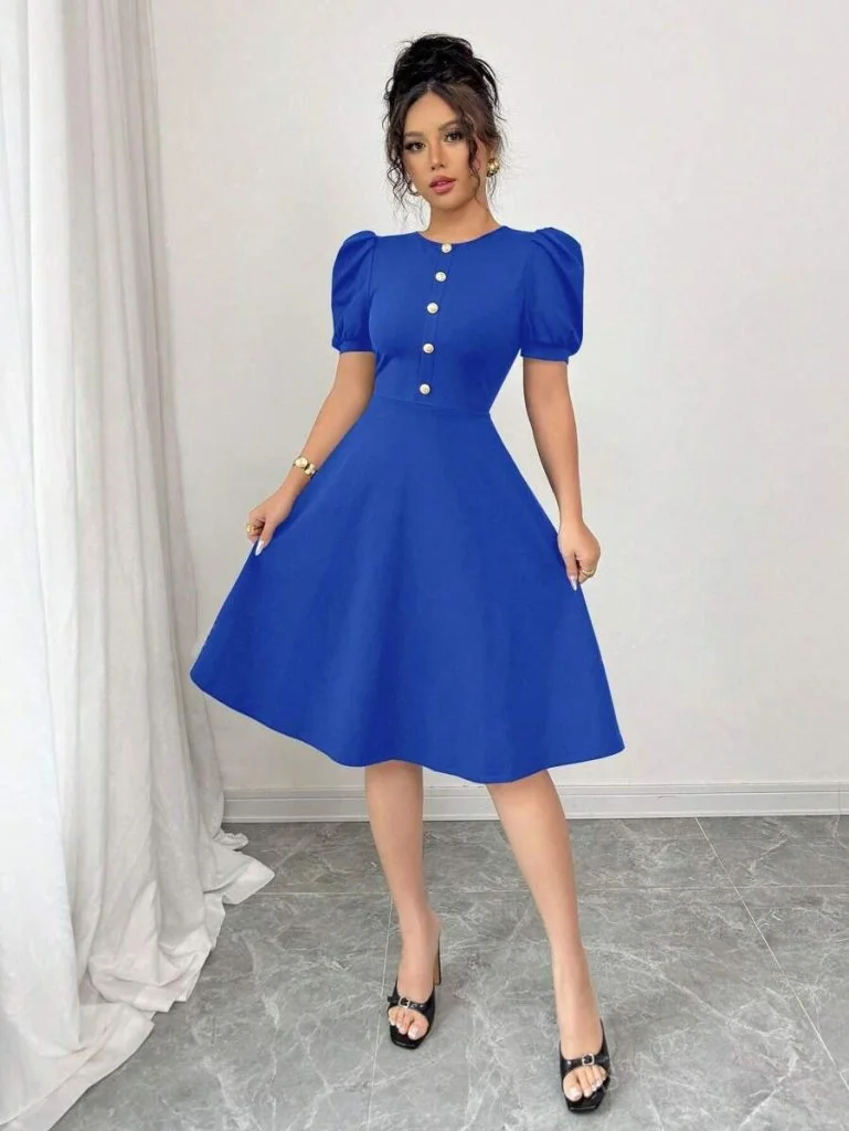 Women's Royal Blue Crepe Dress with Short Puff Sleeves and Front Buttons - Janes - by Peralane - photo 3