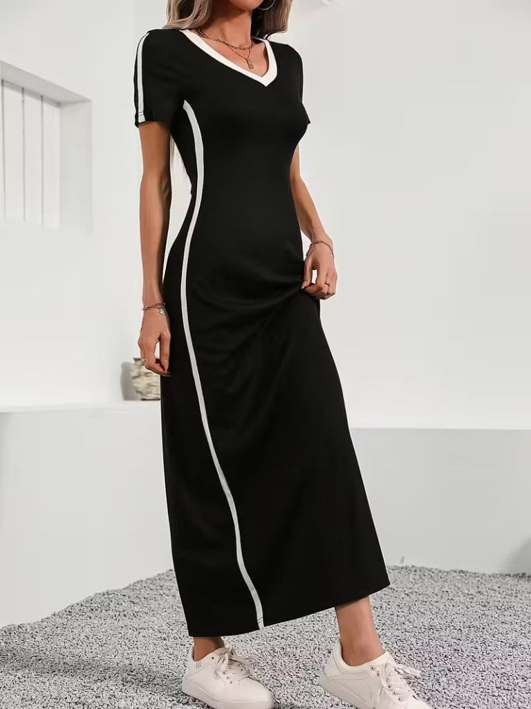 Women's Black V-Neck Short Sleeve Side Stripe Viscose Long Dress - Janes - by Peralane - photo 4