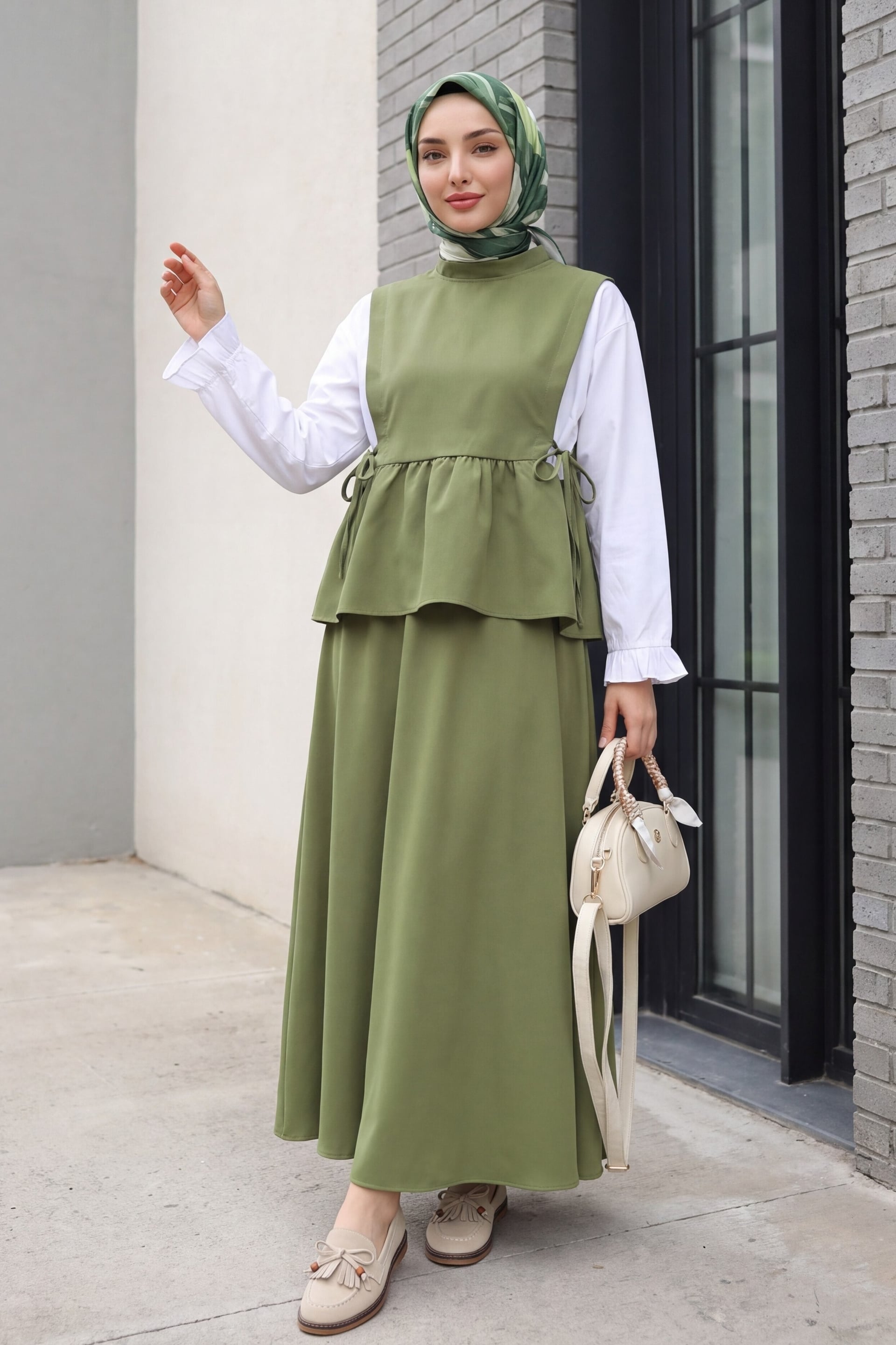 Shirt Detail Lace-Up Sides Ruffled Skirt Double Set - Khaki - Podyumplus - by Peralane