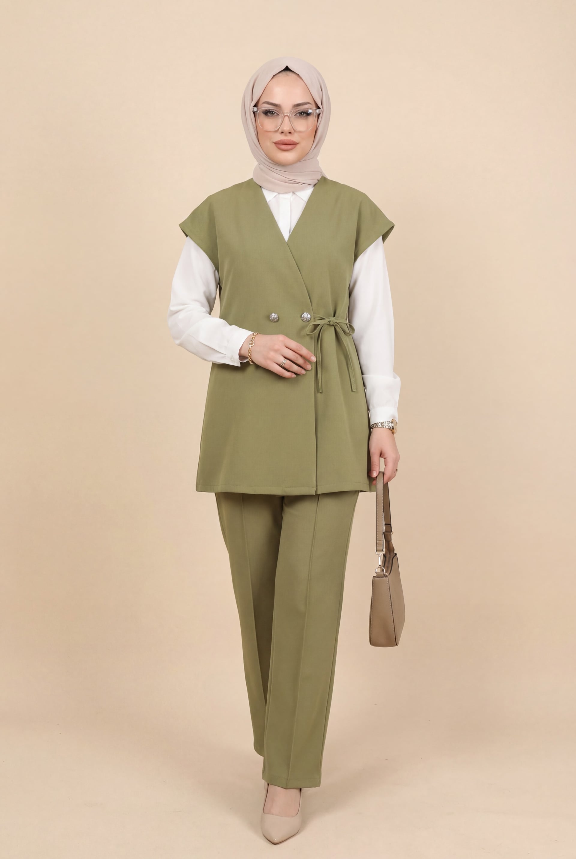 Button Detail Double-Breasted Tie-Front Vest and Wide-Leg Trouser Co-ord Set in Khaki - Podyumplus - by Peralane - photo 2
