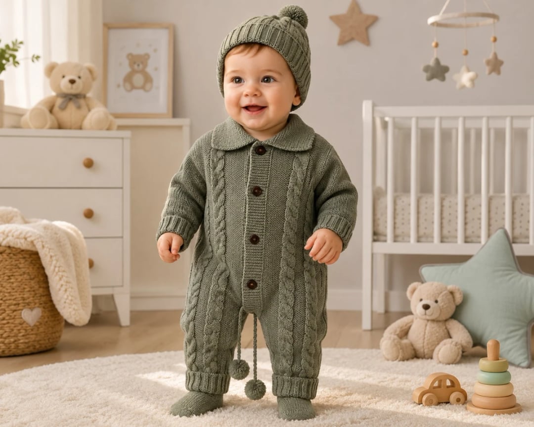 Knitted Baby Romper and Hat Set - Sage Green - Has Bereket - by Peralane