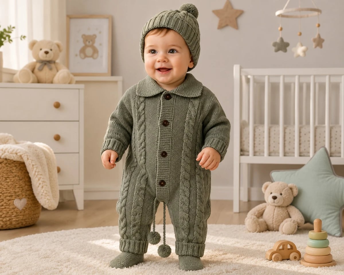Knitted Baby Romper and Hat Set - Sage Green - Has Bereket - by Peralane