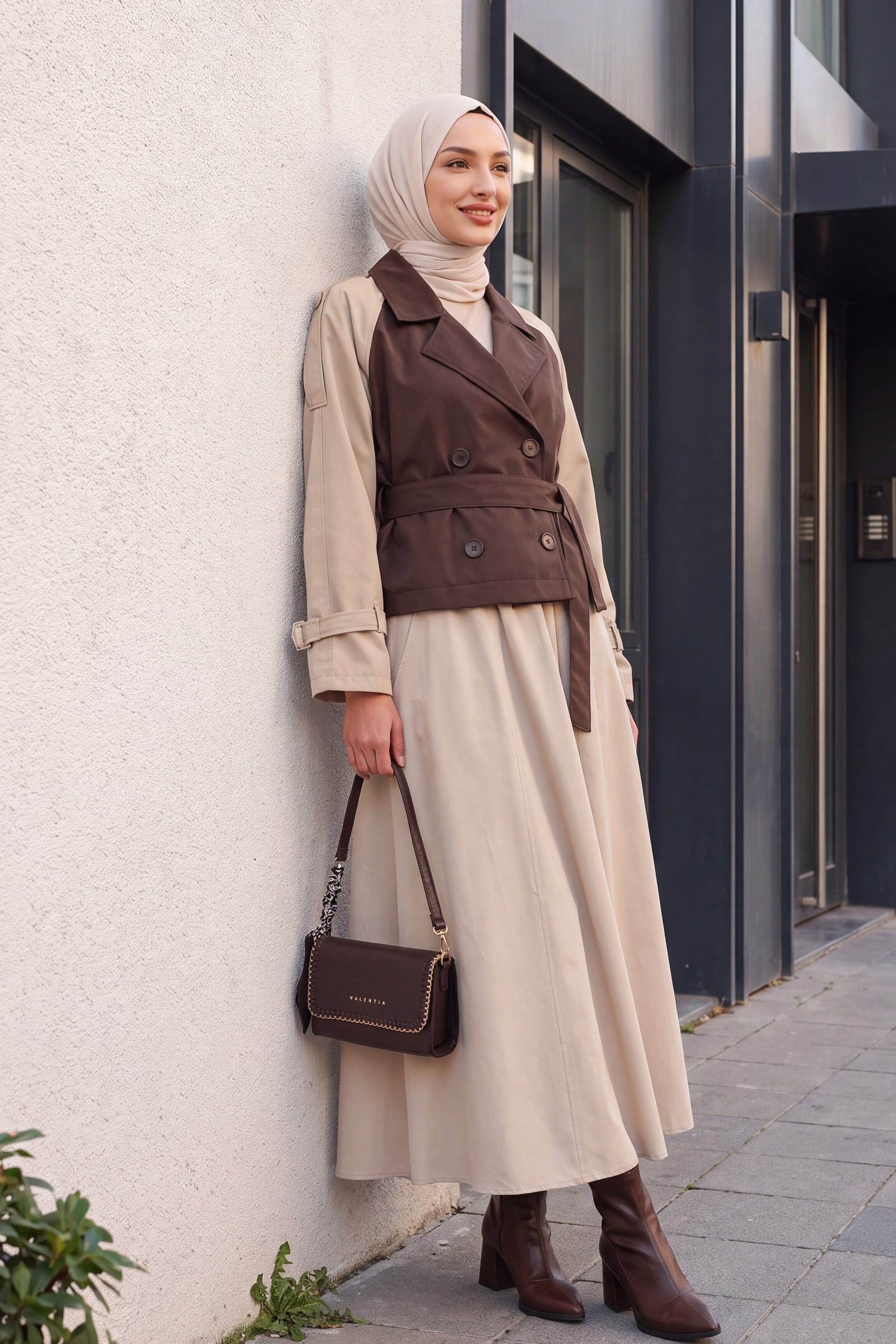 Women's Belted Short Trench Coat in Brown Beige - Bigdart - by Peralane - photo 4