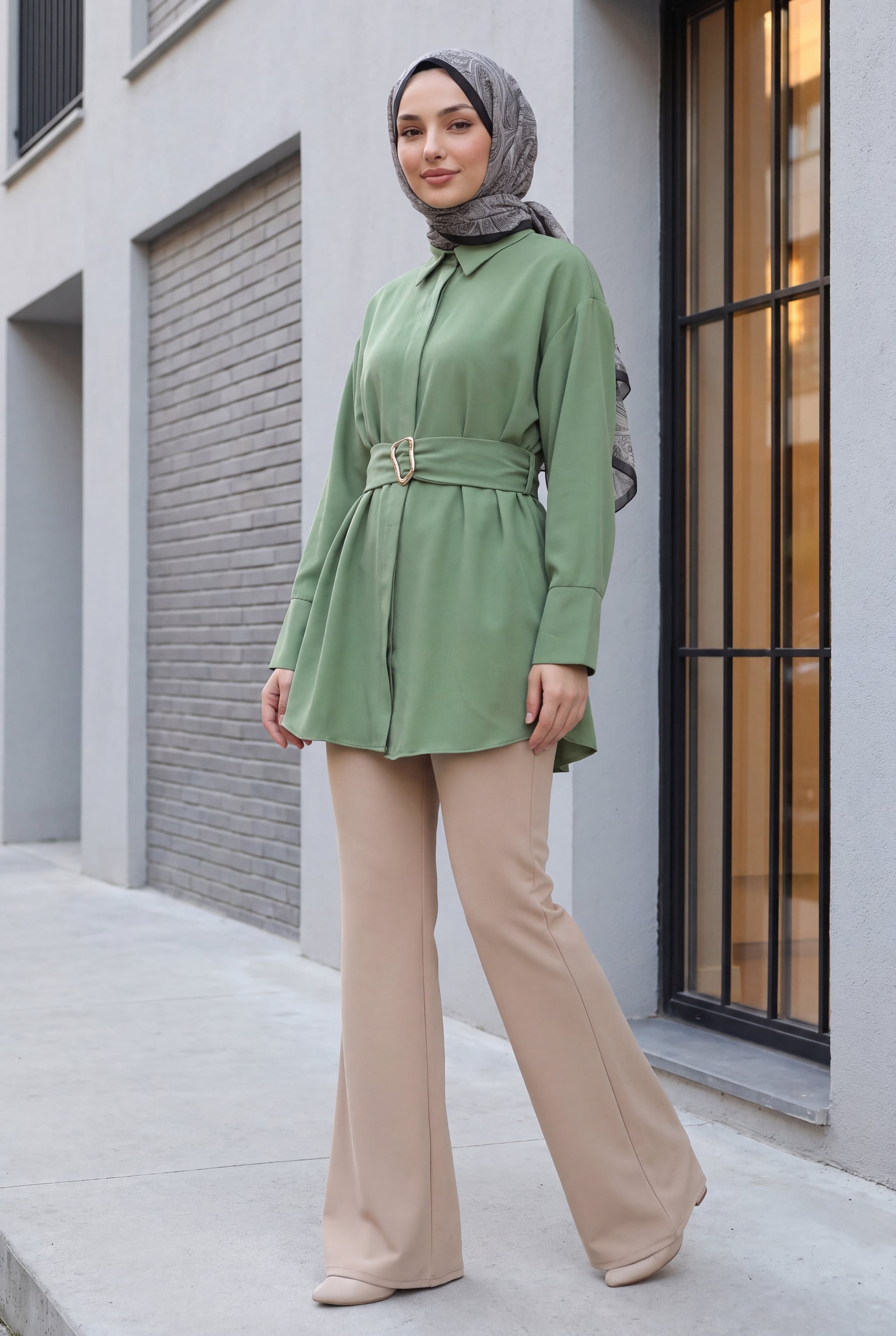 Wide-Leg Flared Trousers with Belt - Beige - Podyumplus - by Peralane - photo 2
